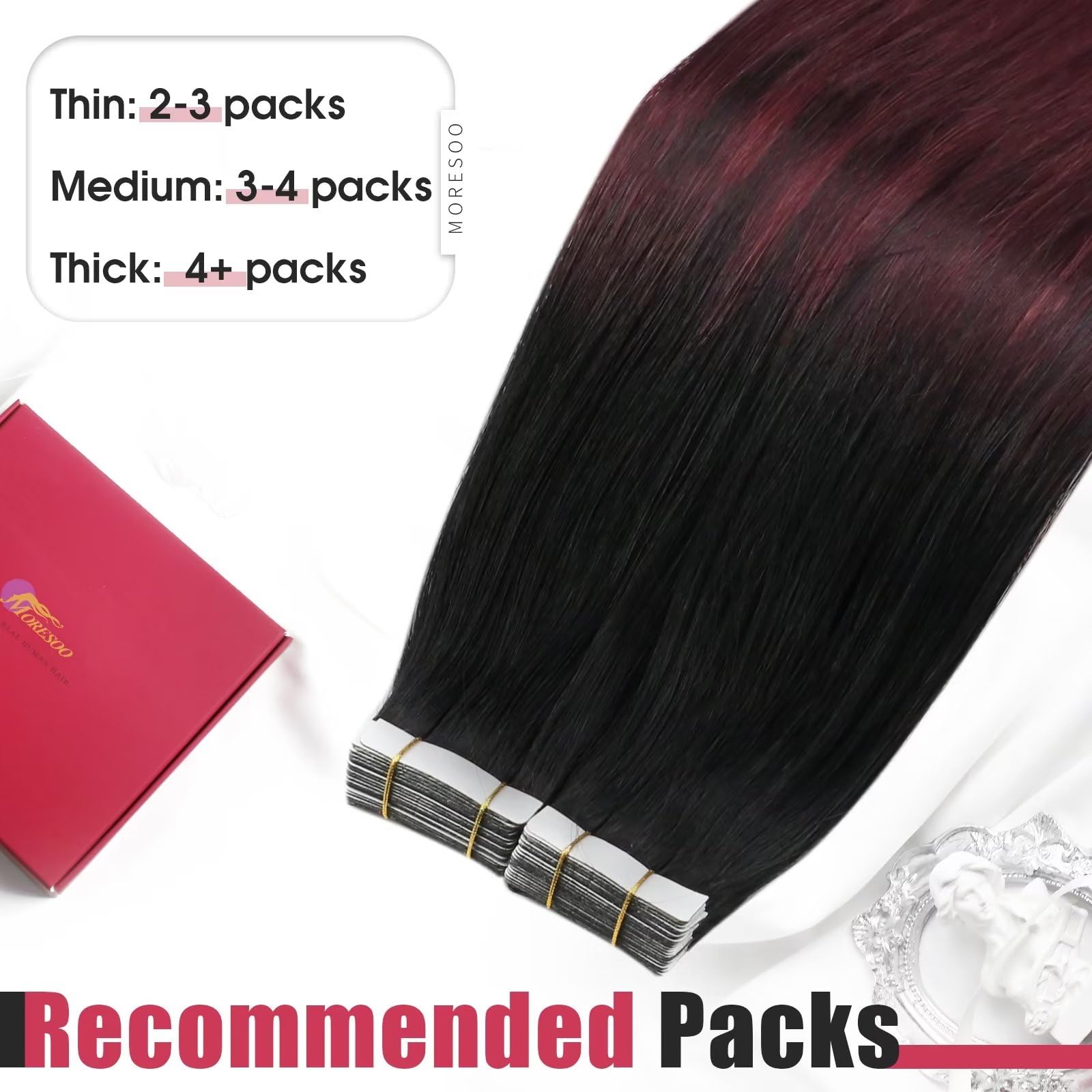 Premium Moresoo Burgundy Tape-In & Clip-In Hair Extensions - 20pcs/50g + 7pcs/120g Balayage Black to Red Wine Human Hair Bundle for Length & Volume | Perfect for Parties, Weddings & Daily Styling