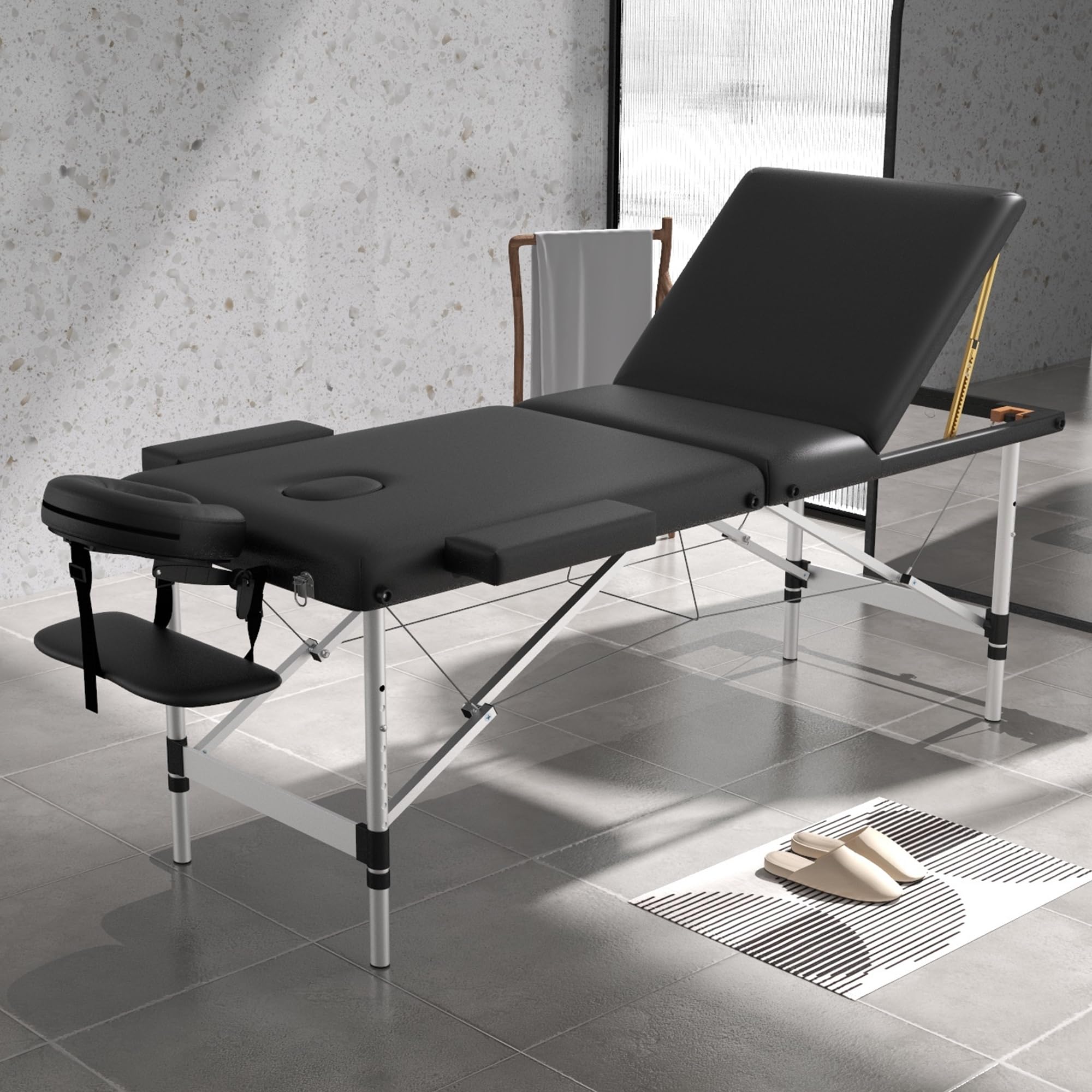 Portable 3-Section Foldable Massage Table - Adjustable Height Tattoo & Lash Spa Bed with Face Cradle | Lightweight Aluminum Frame Salon Bed for Home & Professional Use | Perfect for Massage Therapists, Tattoo Artists & Beauty Salons