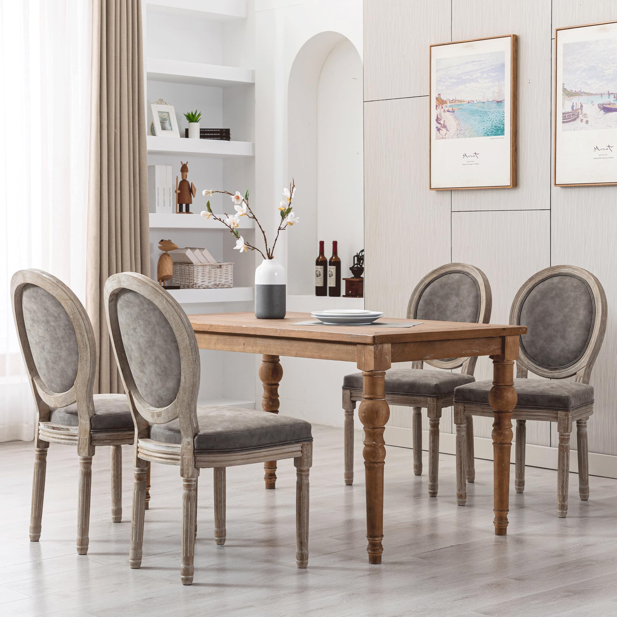 Farmhouse Leather Dining Chairs Set of 4 - French Country Round Back Bistro Chairs with Wooden Legs for Dining Room, Kitchen, Living Room & Restaurant Decor | Perfect for Rustic Home, Cafe and Wedding Venue Settings (Grey)