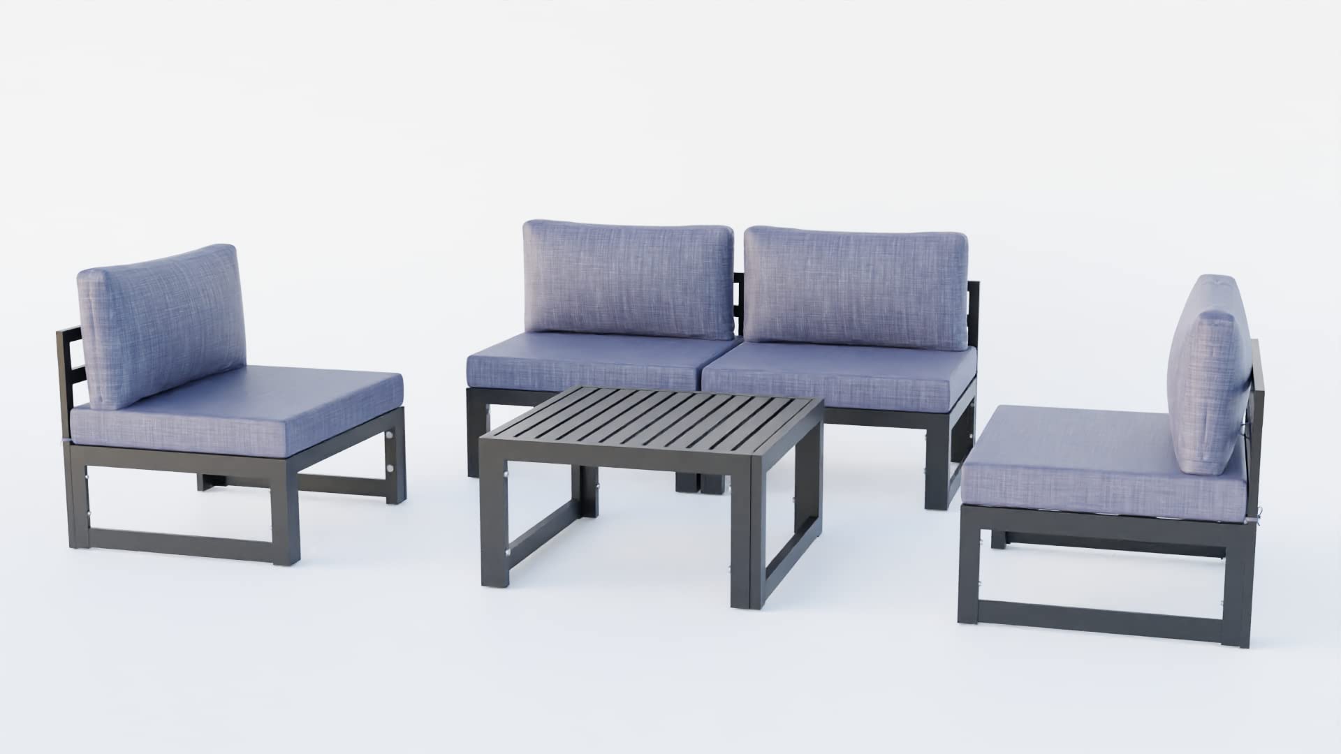LeisureMod Chelsea 5-Piece Outdoor Patio Furniture Set - Black Aluminum Frame with Blue Cushions - Perfect for Backyard, Garden, Poolside & Patio Relaxation