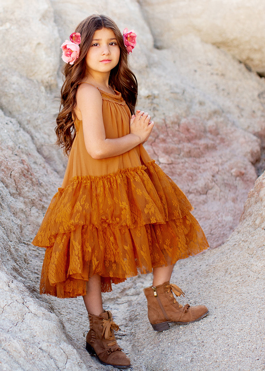 Catrina Dress in Marigold - Mexican Folkloric Floral Maxi Dress for Women | Perfect for Day of the Dead Celebrations, Halloween Costumes & Latin Festivals
