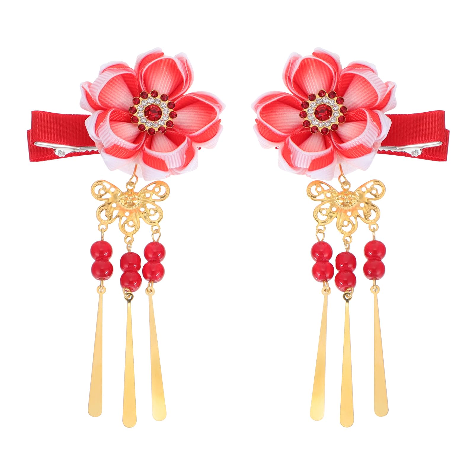 Minkissy Japanese Style Hair Clips - 1 Pair Tassel Flower Hairpins for Women & Girls, Traditional Kimono Hair Accessories, Hanfu Hair Clamps, Bridal Hair Barrettes (Red) - Perfect for Weddings, Cosplay, Tea Ceremonies & Cultural Events