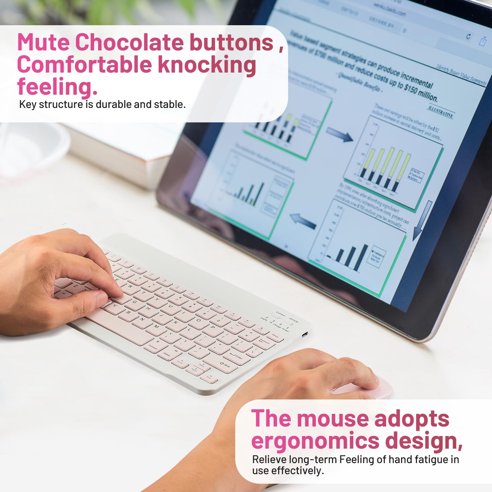 Rechargeable Wireless Bluetooth Keyboard and Mouse Combo for Apple iPad iPhone iOS 13+, Samsung Tablet, Android & Windows Devices - Portable 10-inch Pink Set for Home Office, Travel & Remote Work