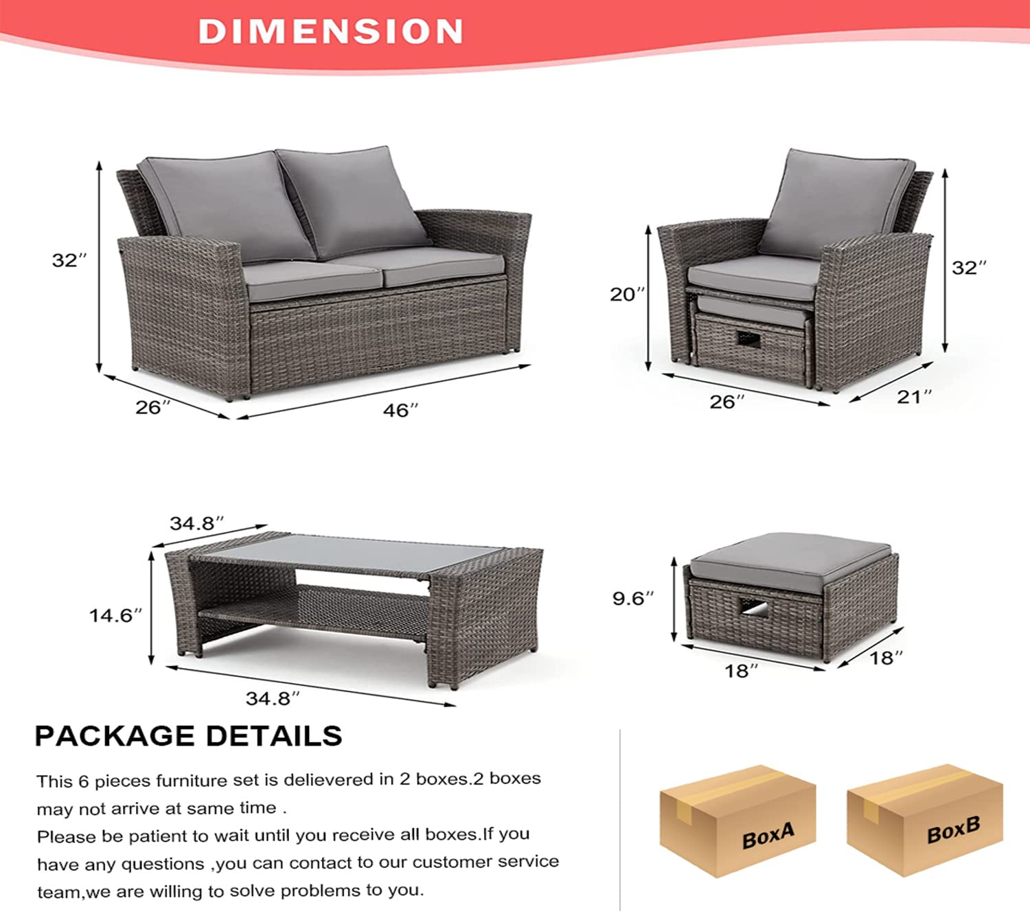 GYUTEI 6-Piece Outdoor Patio Furniture Set - Dark Gray Rattan Sectional Sofa with Ottoman & Storage Table - Weather-Resistant Garden, Porch, Backyard Conversation Set for Relaxing & Entertaining