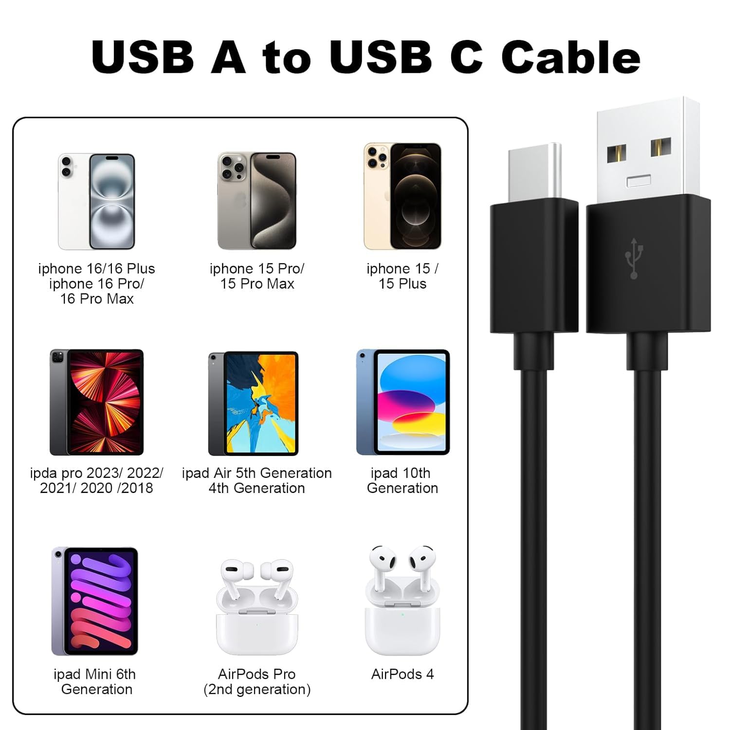 USB C to USB A Fast Charging Cable 3A, 6ft CarPlay Compatible Charger Cord for iPhone 15/16/Pro/Max/Plus, Samsung Galaxy S24/S23/S20, Tablets, Cameras & Speakers - Durable & Tangle-Free (Black) - Perfect for Car, Home & Office Charging