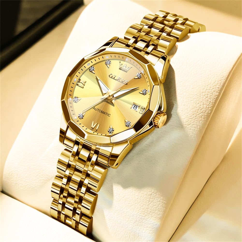 OLEVS Women's Automatic Diamond Watch - Stainless Steel Self-Winding Ladies Dress Wristwatch with Luminous Hands & Waterproof Design - Perfect for Business, Evening Events & Daily Wear