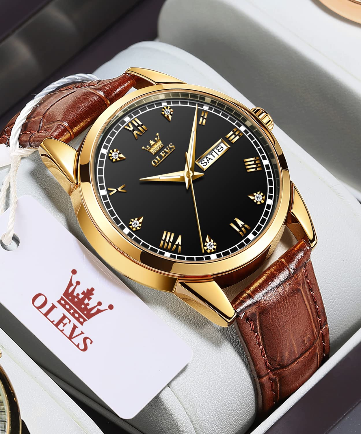 OLEVS Men's Brown Leather Watch - Rose Gold Quartz, Waterproof & Luminous for Dress & Daily Use