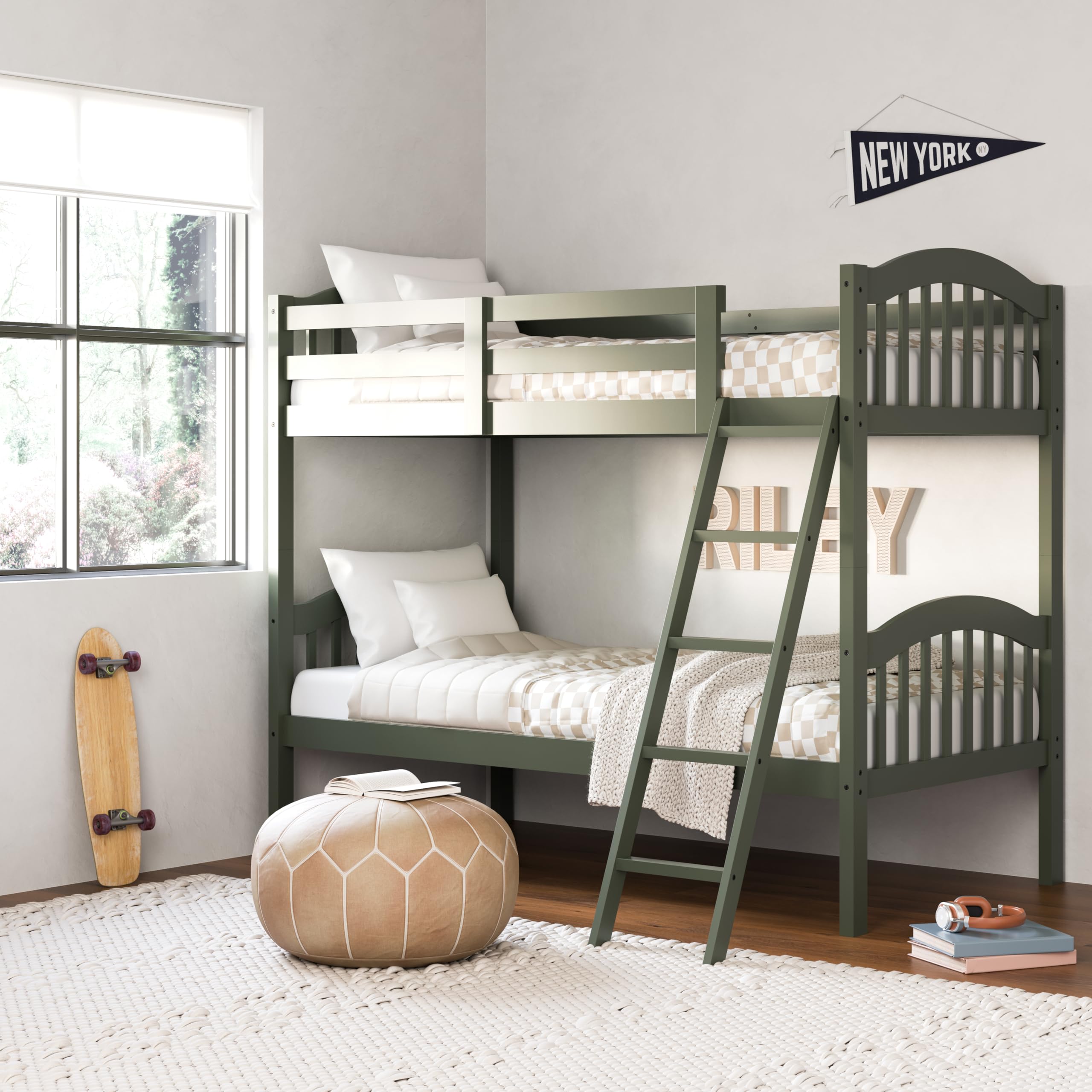 Storkcraft Long Horn Twin-Over-Twin Bunk Bed in Olive - GREENGUARD Gold Certified, Converts to 2 Separate Twin Beds, Sturdy Wood Slats, Space-Saving Kids Bunk Bed for Siblings or Sleepovers - Perfect for Small Bedrooms, Guest Rooms, and Kids' Shared Spaces