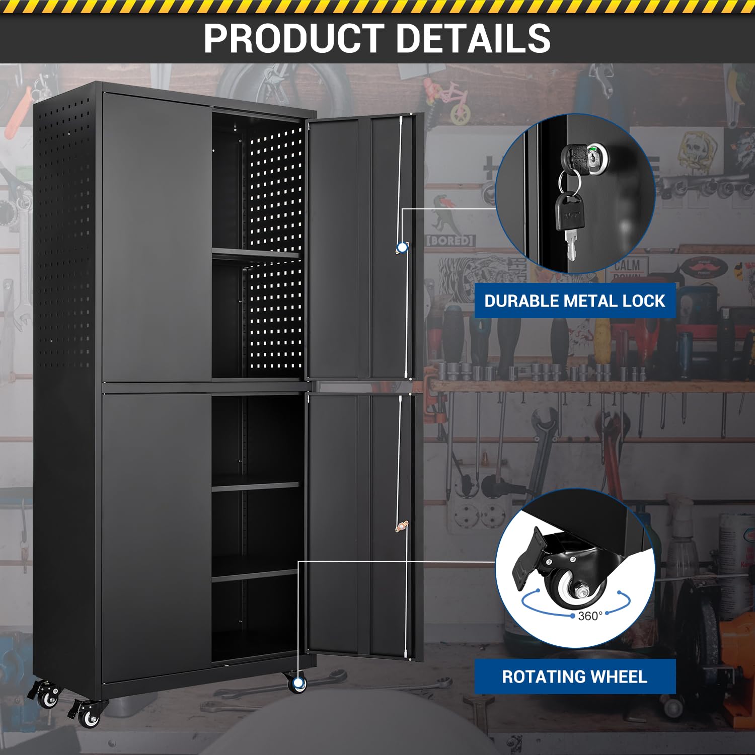 Heavy Duty Metal Storage Cabinet - Adjustable Shelves, Lockable Doors & Pegboard for Garage Tool Organization - Black | Perfect for Workshop, Garage & Home Storage