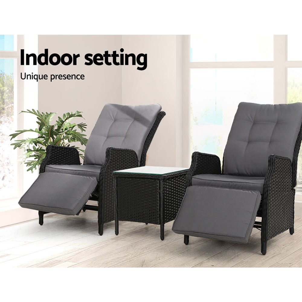 Elara Outdoor Recliner Patio Chairs with Side Table - Adjustable Lounge Chair for Backyard, Poolside & Garden Relaxation - Weather-Resistant Black Furniture Set