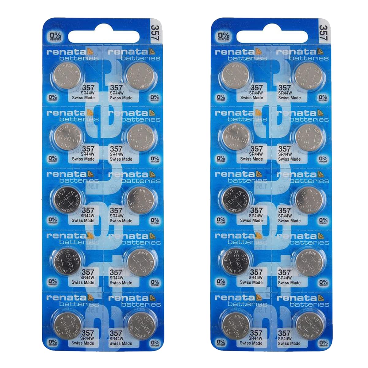 Renata 357 SR44W Silver Oxide Watch Batteries 1.55V - 20 Pack for Watches, Calculators, Medical Devices & Electronic Toys - Long Lasting Power Supply