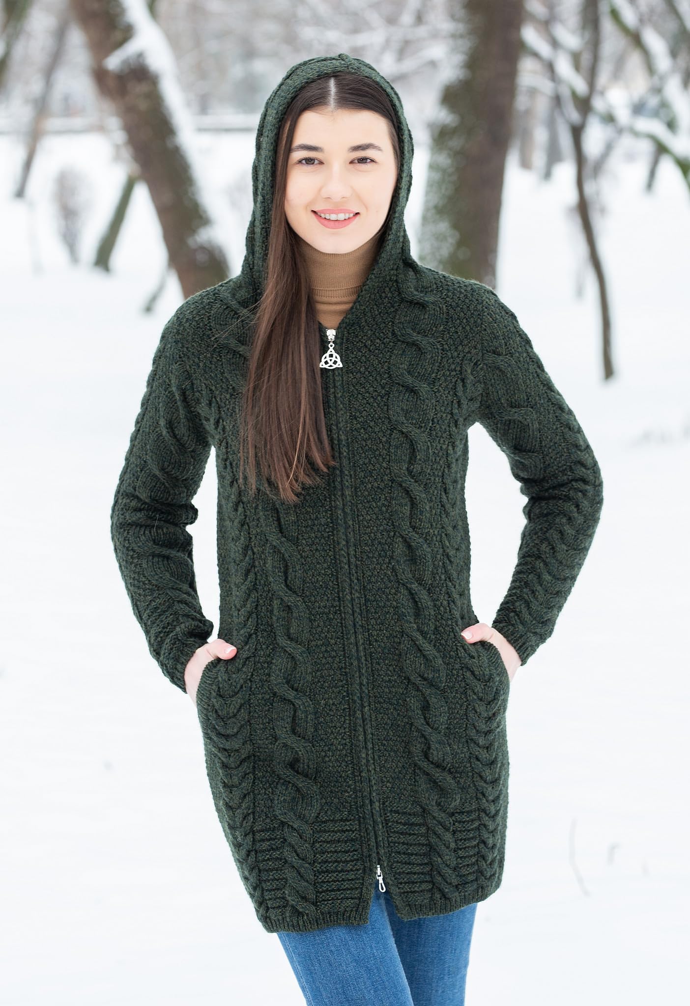 SAOL 100% Merino Wool Aran Cable Knit Hooded Zip Cardigan Irish Coat - Warm Winter Sweater for Women, Cozy Oversized Pullover for Outdoor Hiking & Casual Wear