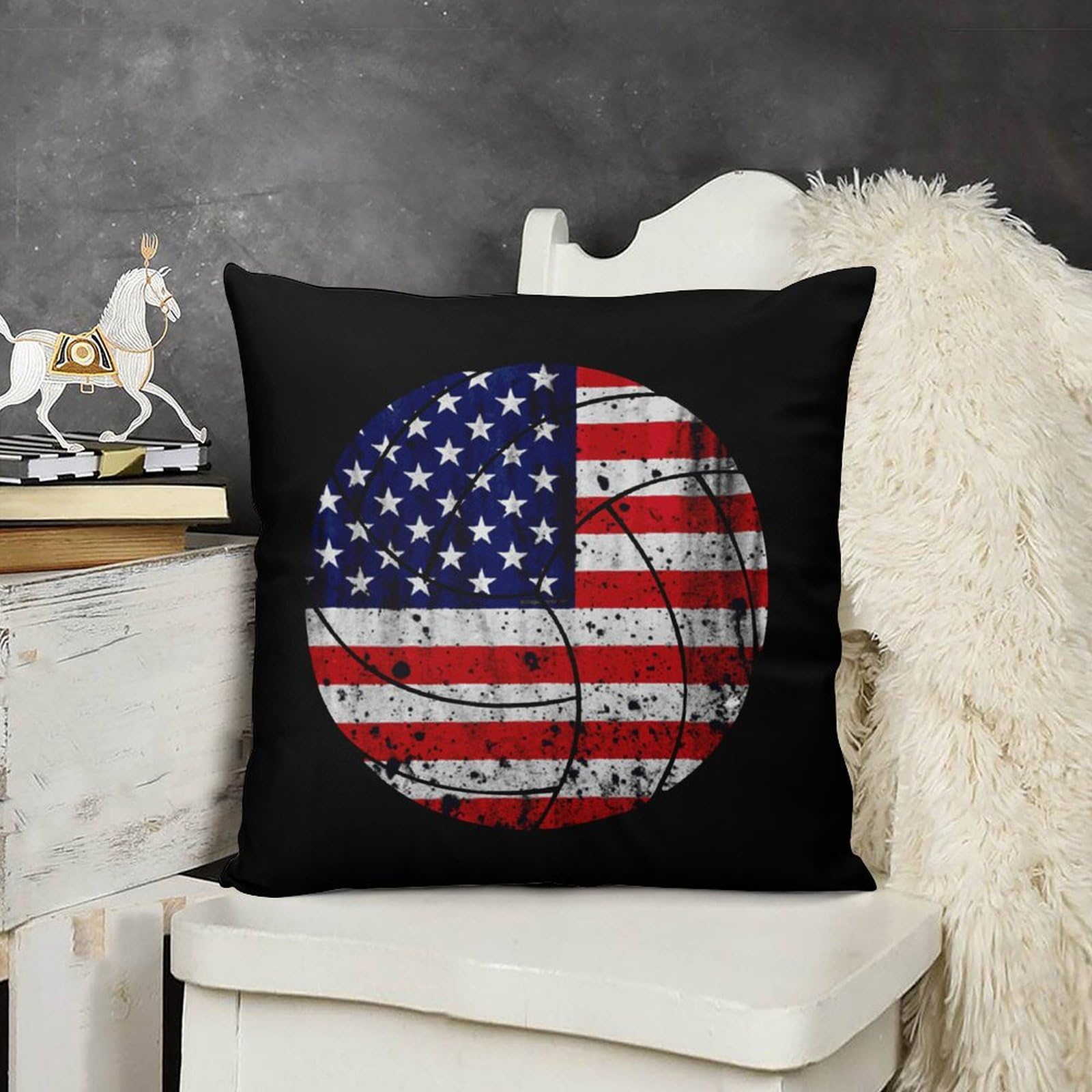 USA Flag Volleyball Plush Pillow Covers - Soft & Smooth 12x12 Inch Cushion Cases for Sofa, Bed, Dorm - Patriotic Home Decor Set of 4 - Perfect for Game Day, 4th of July & Sports Fan Gifts