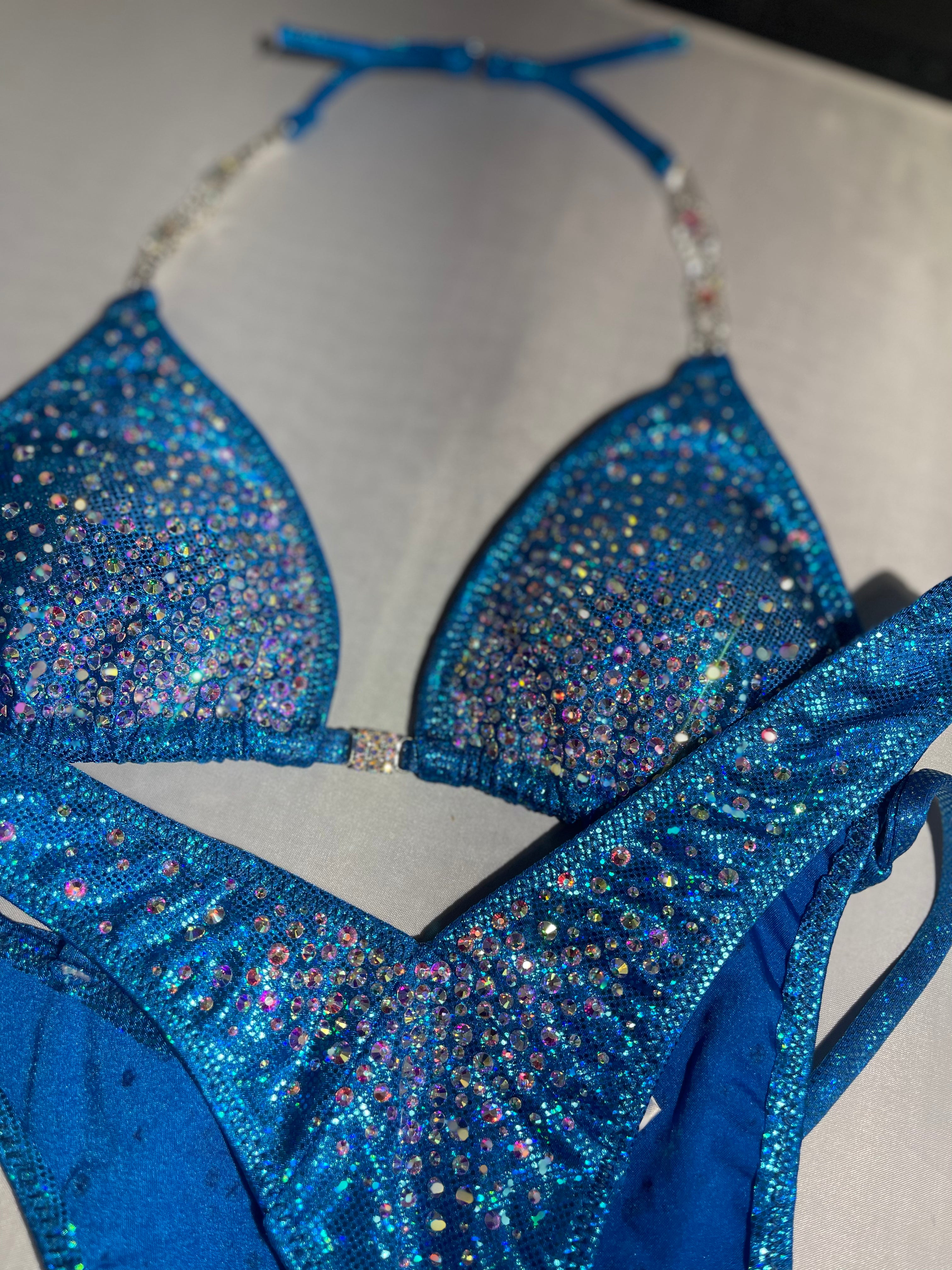 Stunning Turquoise Shattered Glass AB Rhinestone Burst Figure Physique Bodybuilding Posing Suit - Competition, Stage Performance, Fitness Shows
