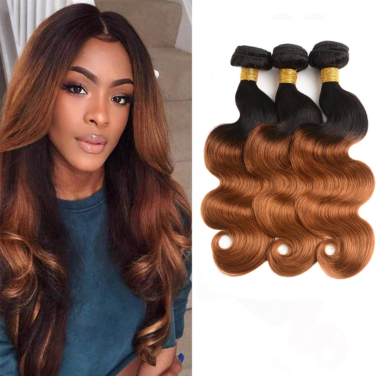 20 22 24 Inch Ombre Brazilian Body Wave Human Hair Bundles - 100% Unprocessed Virgin Hair Extensions for Natural Look | Perfect for Daily Wear, Styling & Special Occasions