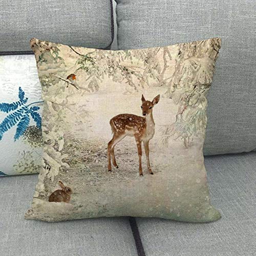 18x18 Aesthetic Linen Pillow Covers Set of 4 - Winter Rustic Farmhouse Decor with Snowy, Xmas Tree, Reindeer, Angel & Rabbit Prints - Decorative Throw Pillow Cases for Couch, Sofa, Seating Bench & Home Decor - Perfect for Christmas, Living Room & Cozy Winter Styling