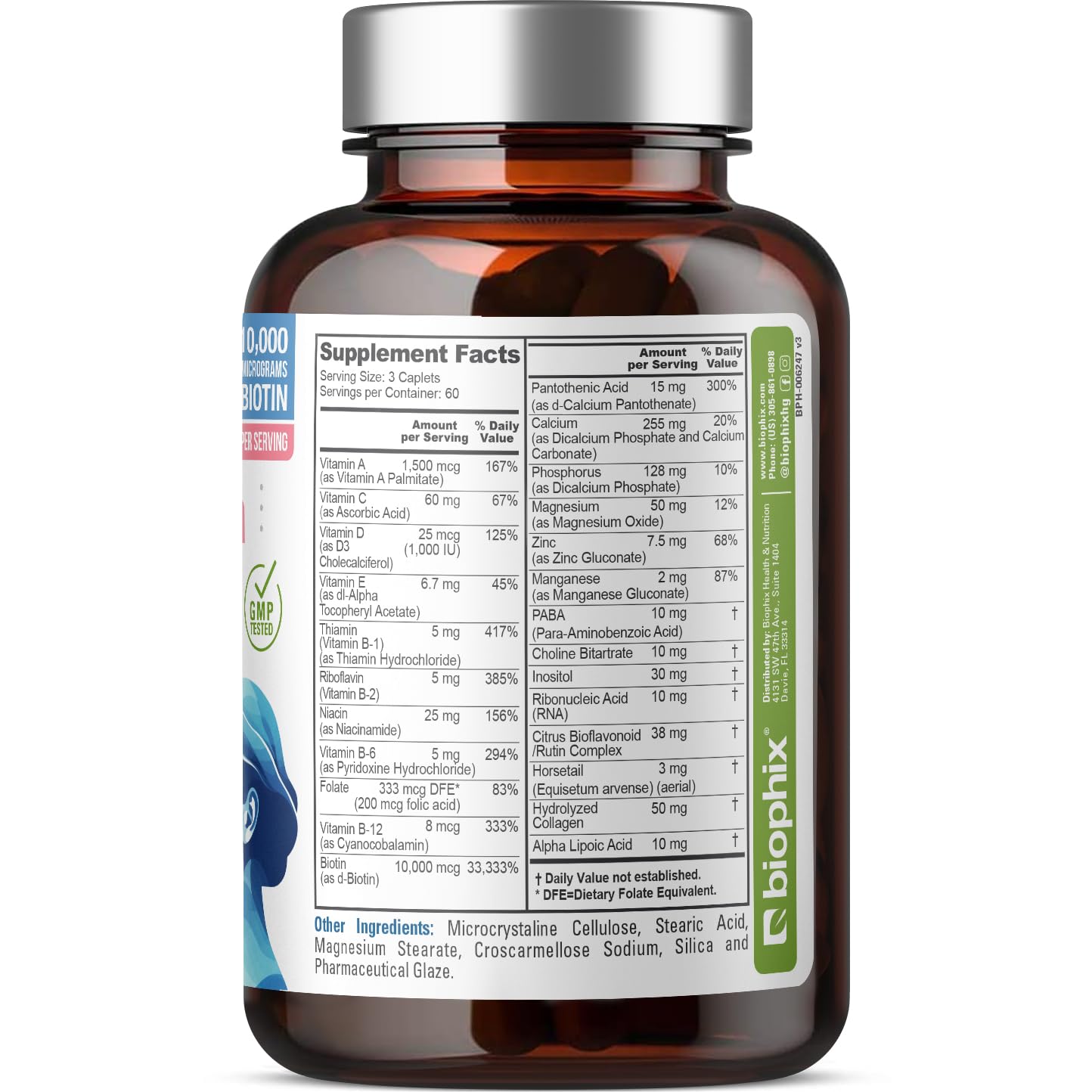 Biophix Hair Skin and Nails Complex 180 Caplets with 10,000 mcg Biotin - Multivitamin Supplement for Strong Nails, Healthy Hair & Skin, Anti-Aging Support - Perfect for Daily Beauty & Wellness Routine
