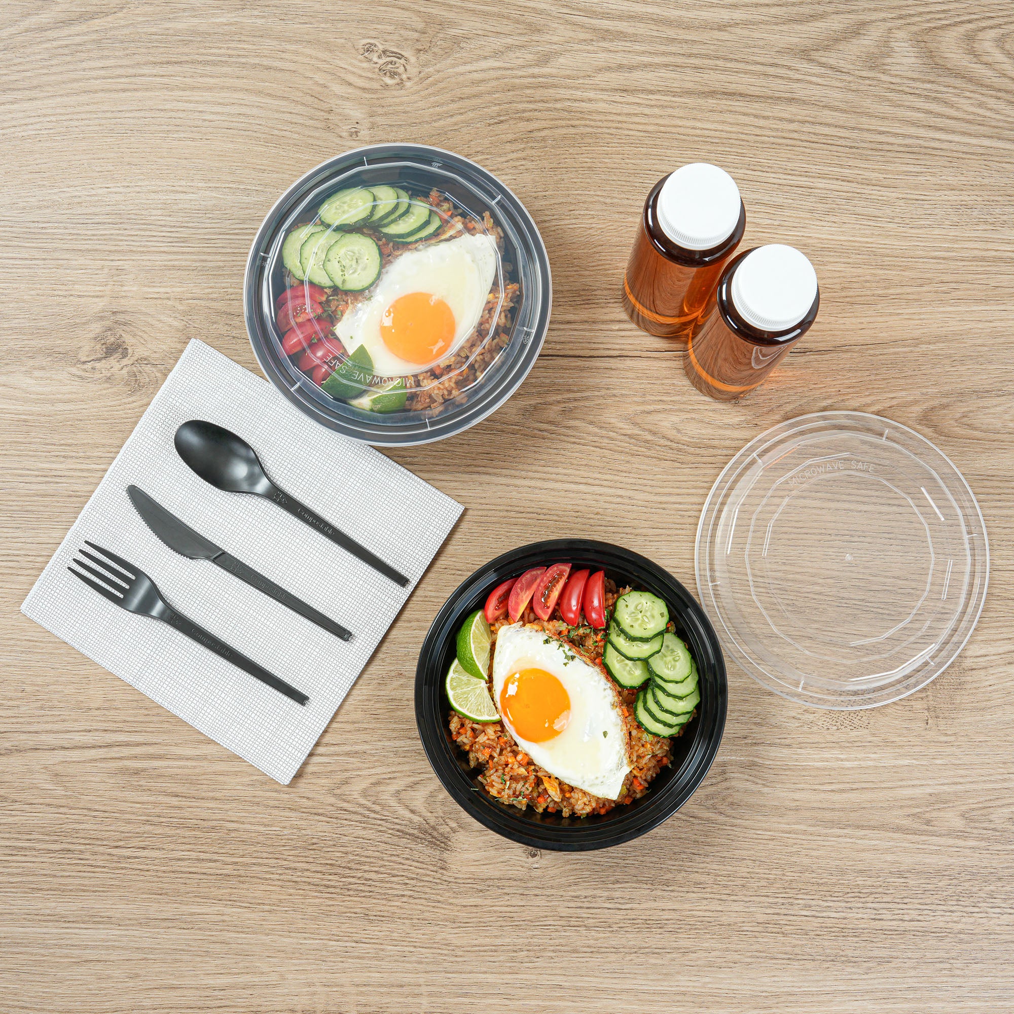 24 oz Round Black Plastic Food Storage Containers with Clear Lids - 100 Pack, Microwave Safe To-Go Boxes (7.25