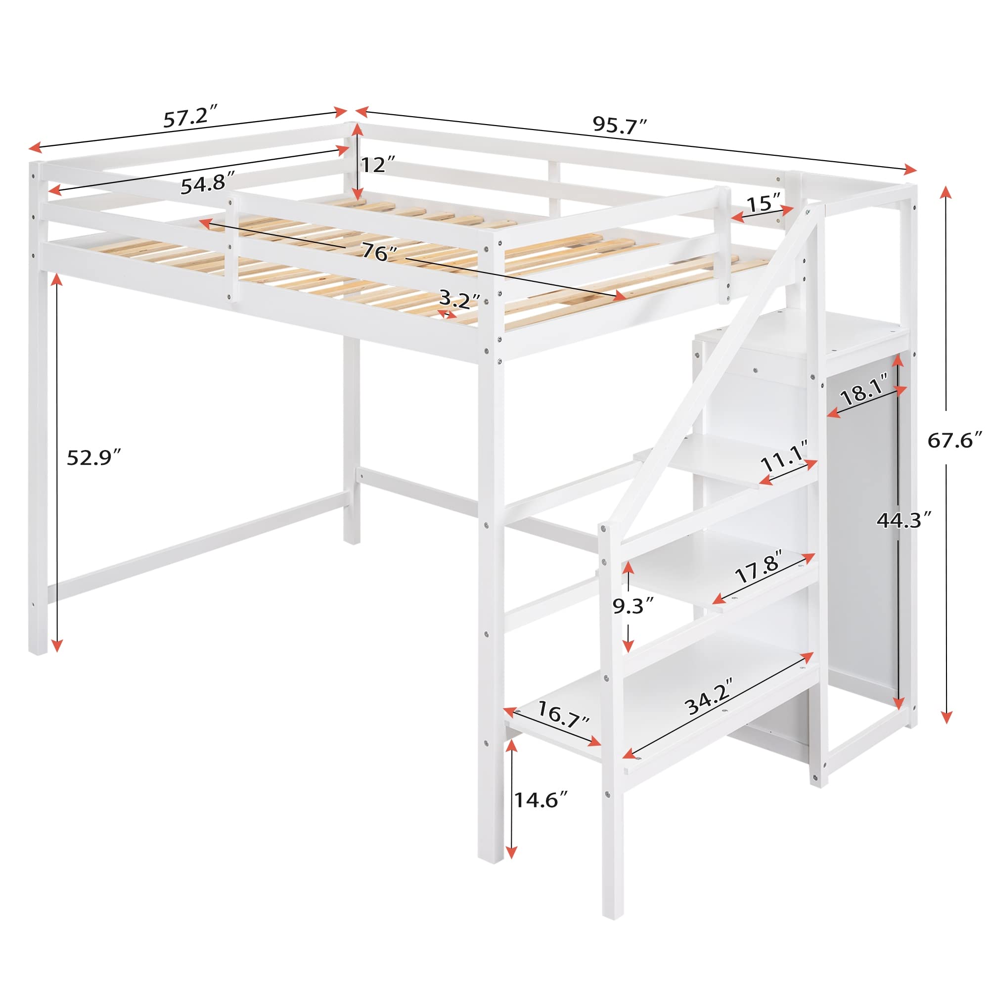 KLMM Full Size Loft Bed with Built-in Wardrobe & Staircase - Solid Wood Modern Loft Bed Frame with Safety Guard Rail - No Box Spring Needed - White Storage Loft Bed for Teens & Adults - Perfect for Small Bedrooms, Dorms & Studio Apartments