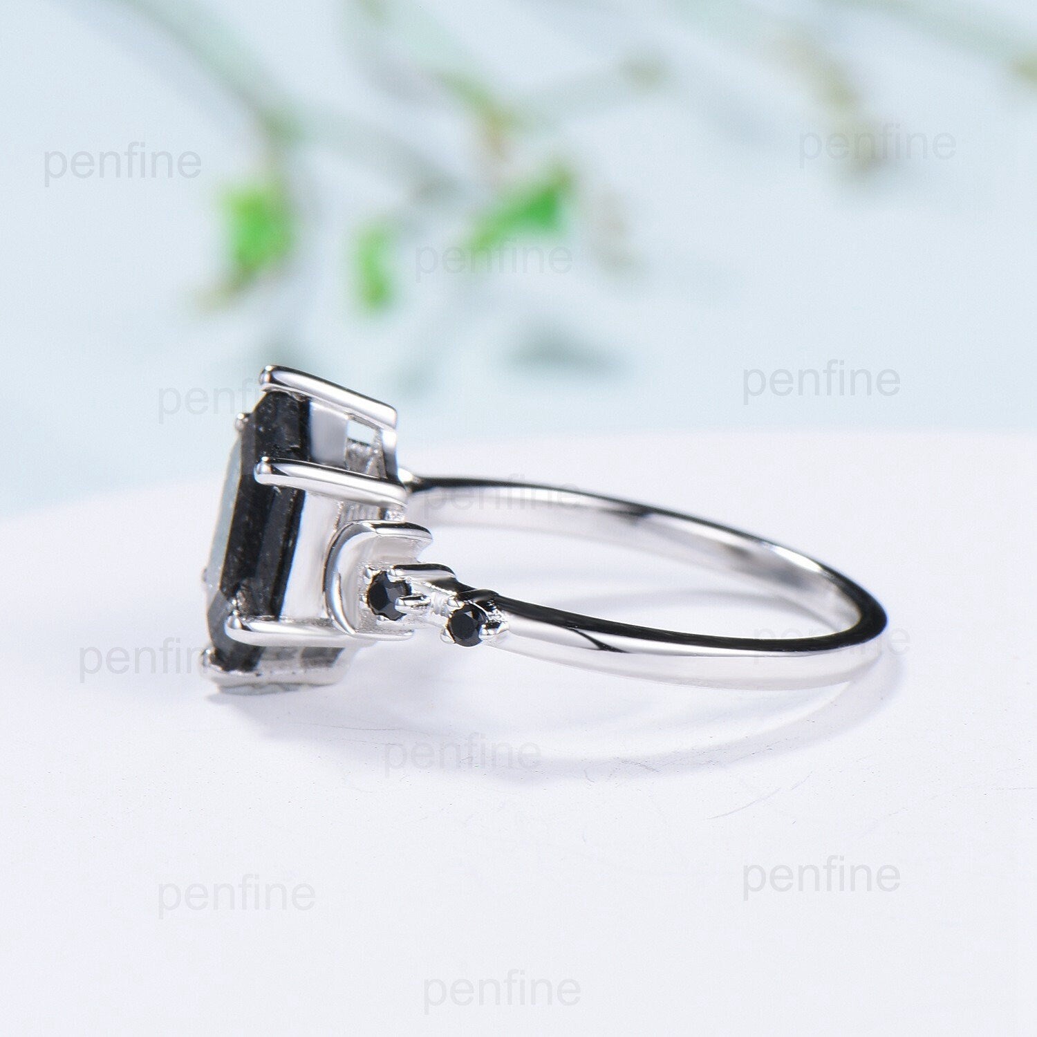 Black Rutilated Quartz Engagement Ring Set - Unique Hexagon Spinel Wedding Band for Women, Stackable Anniversary Ring for Her | Perfect for Proposals, Weddings, Stacking Jewelry Looks