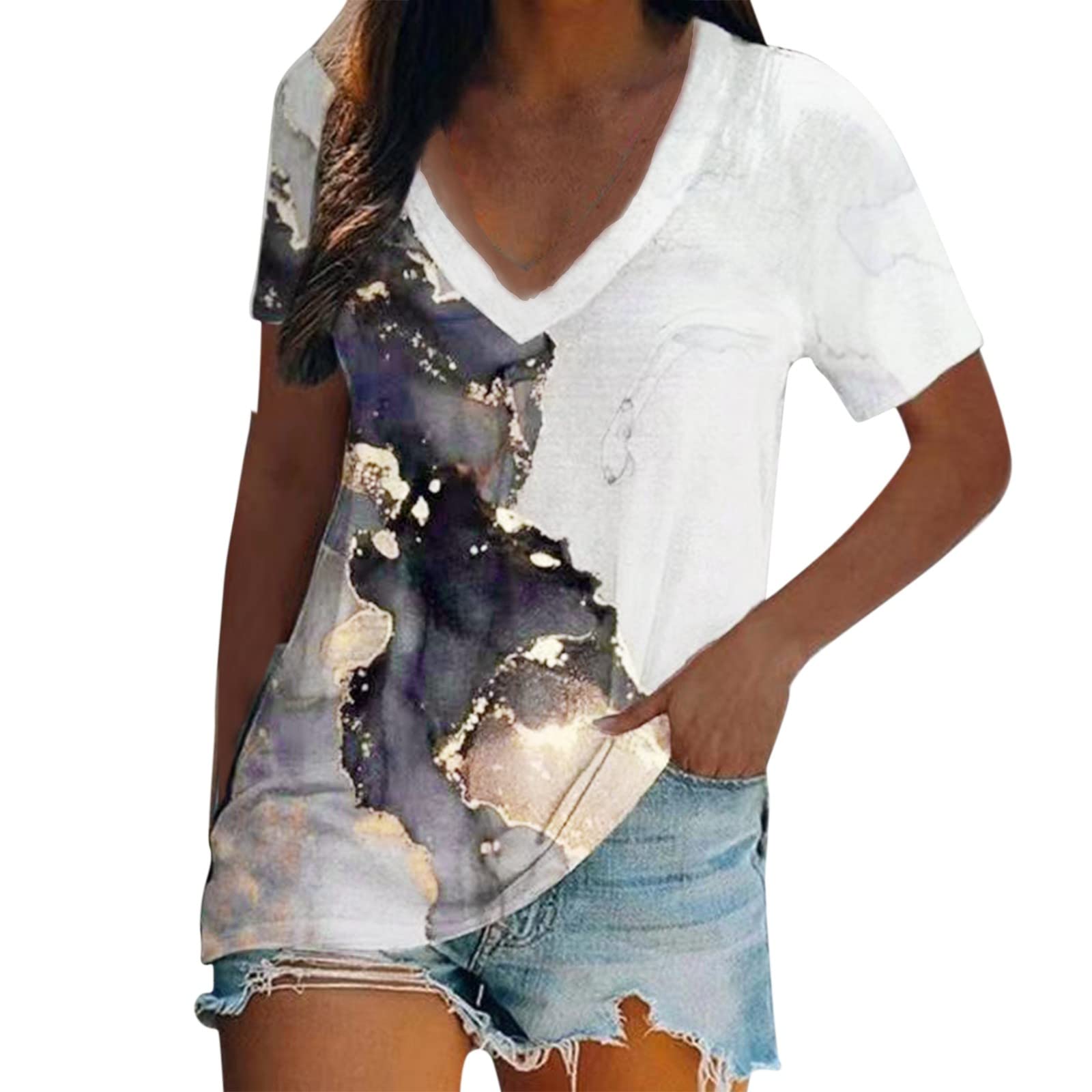 2 Pack Women's Summer Short Sleeve V-Neck Tie Dye Printed T-Shirts - Casual Comfortable Cotton Tees for Beach, Travel & Everyday Wear