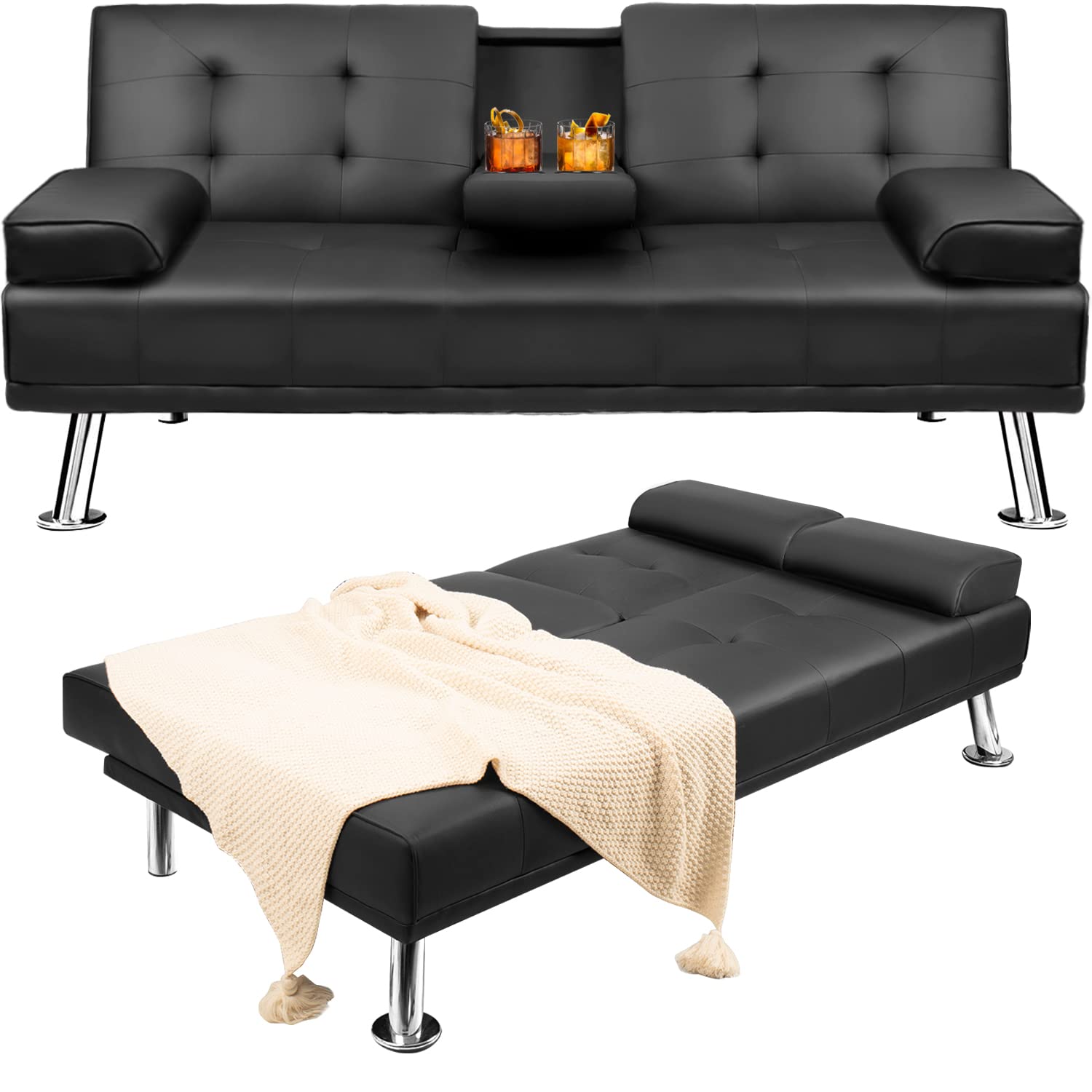 YESHOMY Modern Faux Leather Convertible Futon Sofa Bed - Foldable Lounge Couch for Living Room with 2 Cup Holders, Removable Soft Armrest & Sturdy Metal Legs - Space Saving Sleeper Sofa for Small Apartments, Guest Rooms & Home Offices (Black)