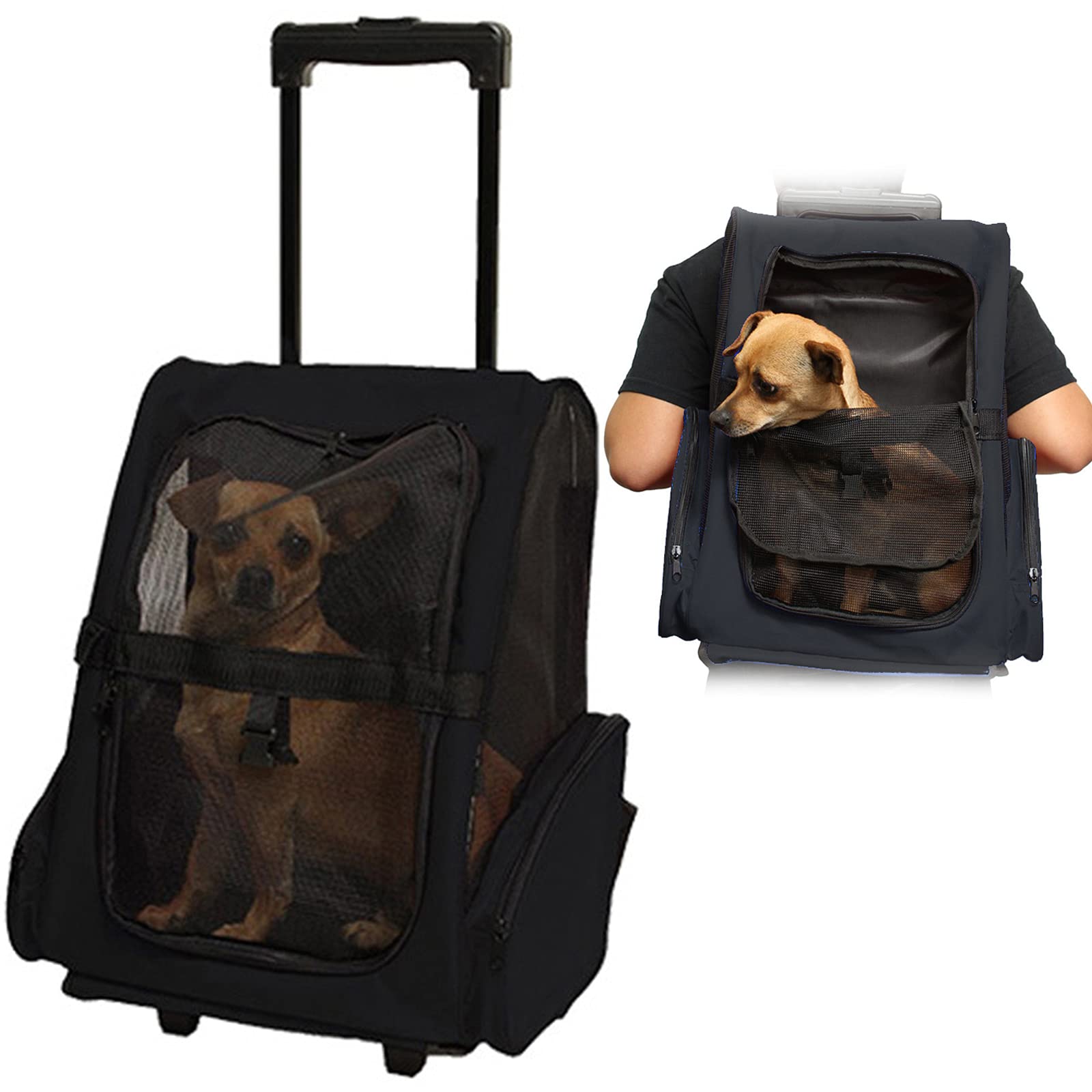 Portable Pet Travel Carrier Backpack with Wheels - Lightweight Soft-Sided Rolling Pet Stroller for Dogs & Cats - Perfect for Air Travel, Road Trips & Outdoor Adventures