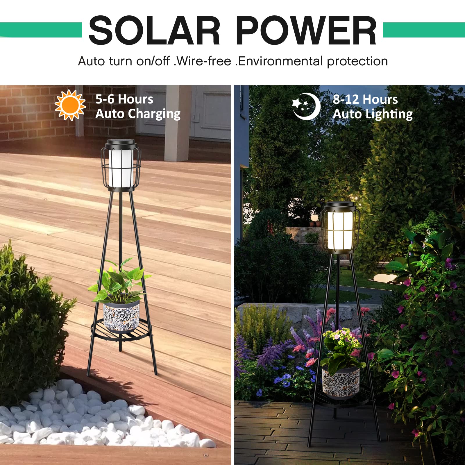 2 Pack Solar Powered Outdoor Floor Lamps with Plant Stand - Waterproof Garden Lights for Patio, Deck, Porch & Yard Decor - Perfect for Evening Gatherings & Landscape Lighting