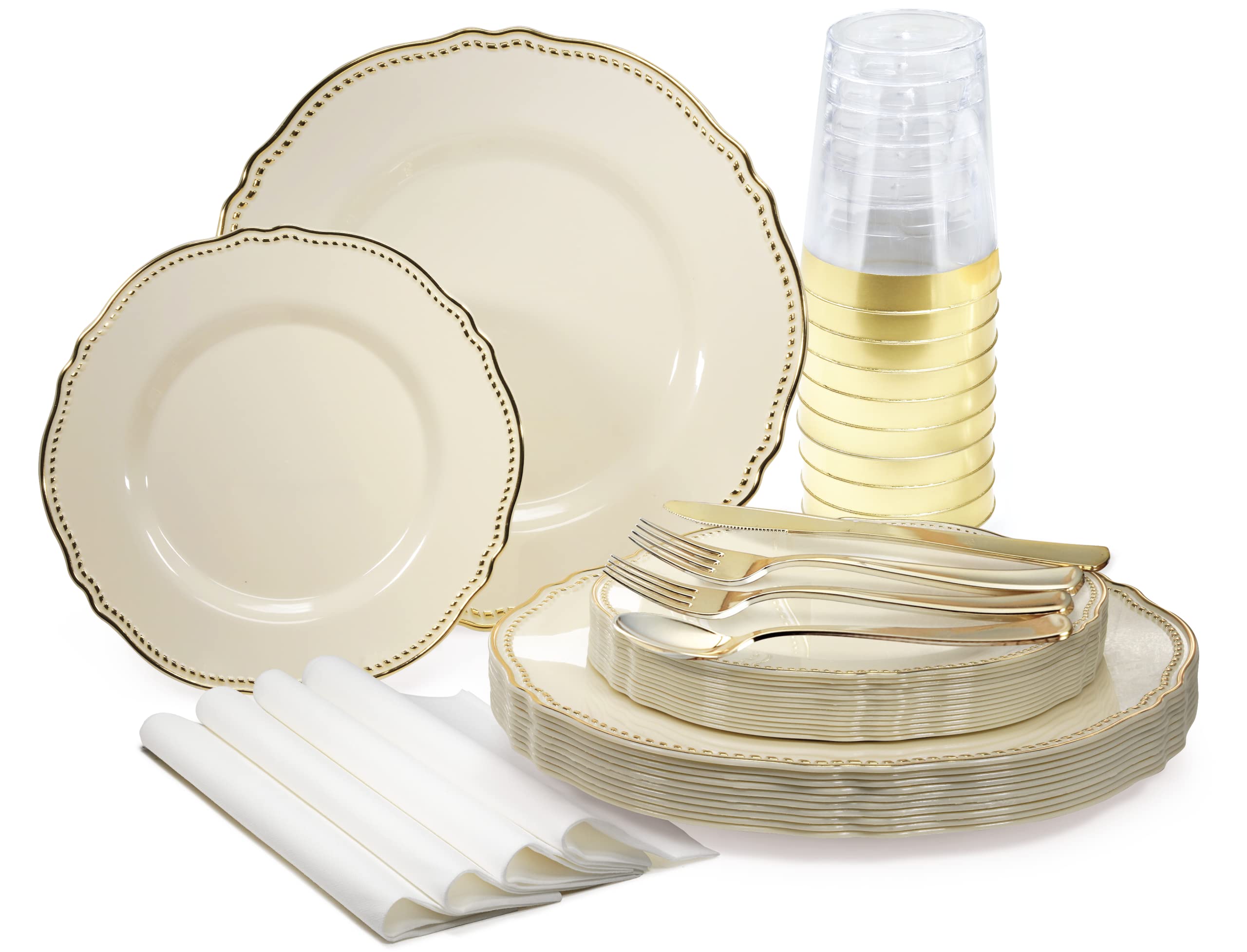 640-Piece Heavyweight Disposable Plastic Plate Set for Weddings & Parties - 80 x 10.25'' Dinner Plates + 80 x 7.5'' Dessert Plates + Silverware + Cups + Napkins (Rochelle Ivory & Gold) - Elegant Tableware for Bridal Showers, Receptions & Large Gatherings