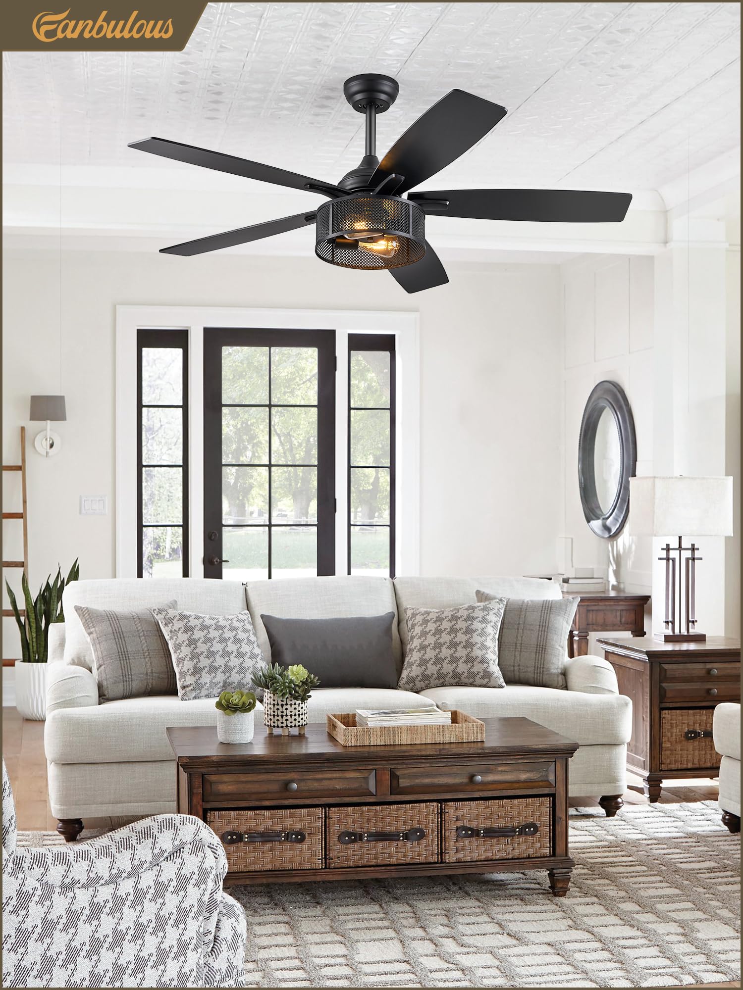 52 Inch Black Industrial Caged Ceiling Fan with Lights & Remote - 6 Speed Reversible Quiet DC Motor, Dual Finish 5 Blades - Farmhouse Style for Bedroom, Living Room & Kitchen - Perfect for Home Cooling and Decoration
