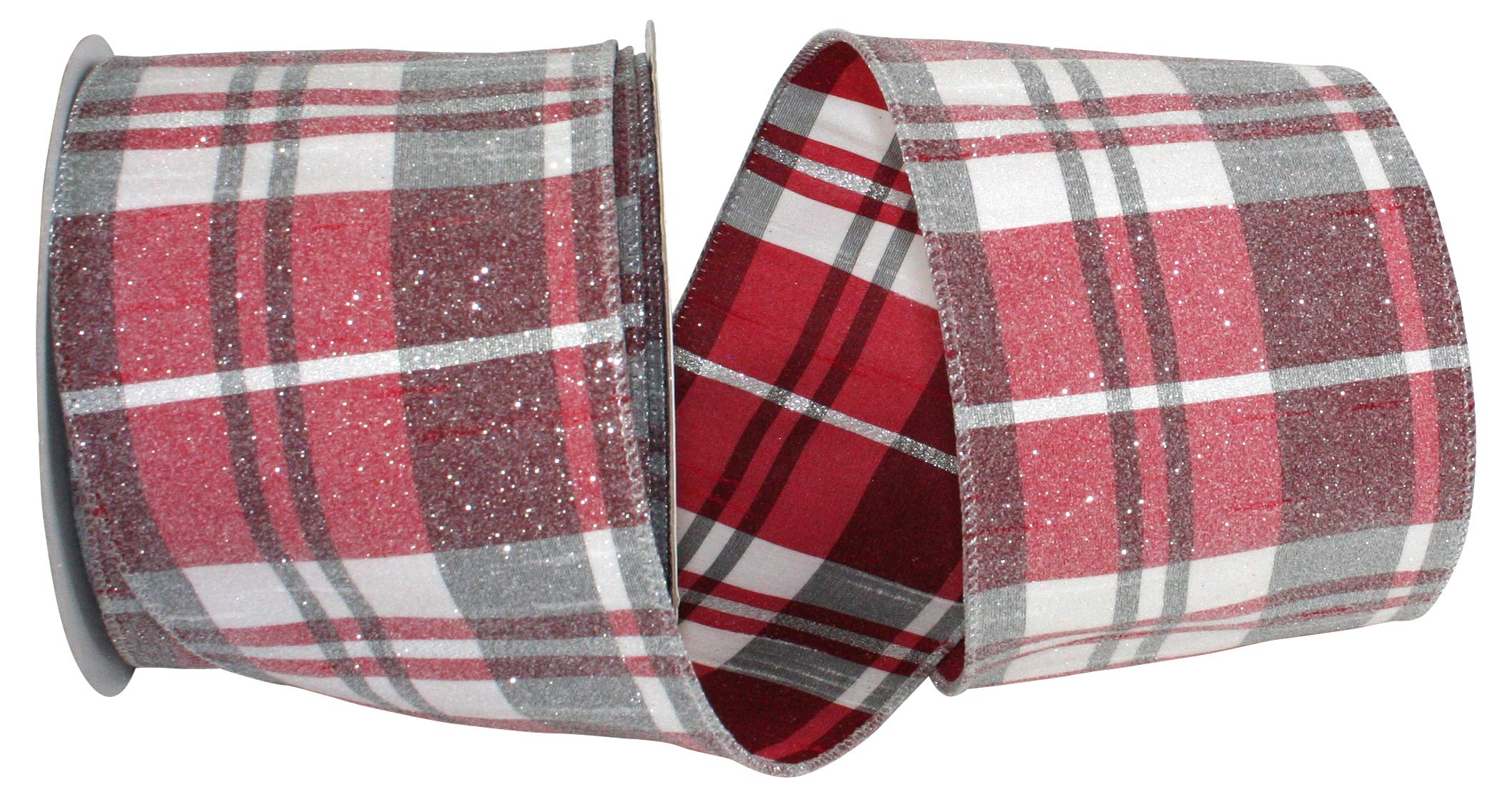 Reliant Ribbon Frosted Grand Plaid Wired Edge Ribbon - 4 Inch x 10 Yards, Red & White - Perfect for Gift Wrapping, Holiday Decorations, and DIY Crafts
