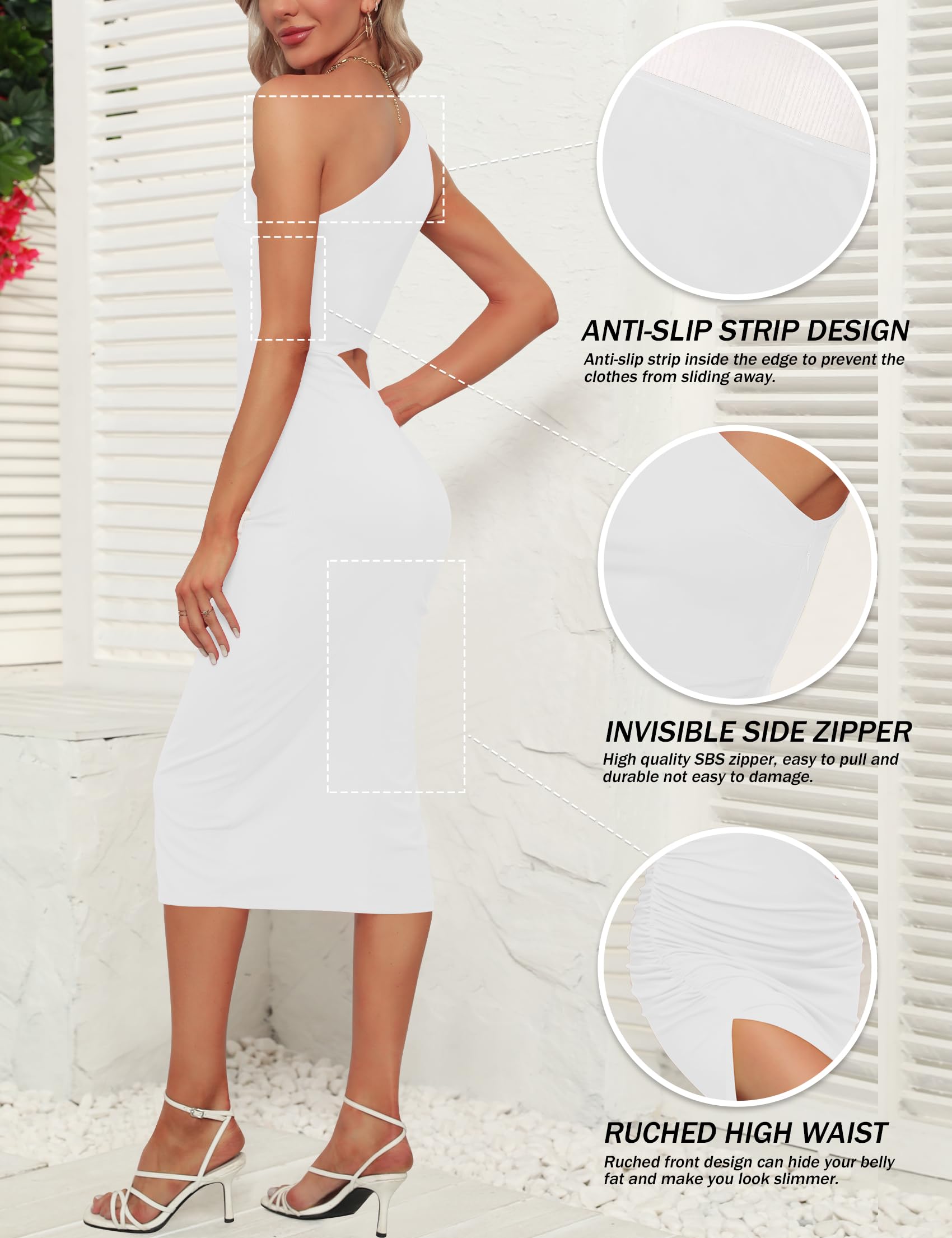 Sarin Mathews Women's One Shoulder Ruched Bodycon Dress - Sexy Sleeveless Slit Midi Dress for Party, Cocktail, Wedding Guest | Perfect for Night Out, Date Night, and Special Occasions