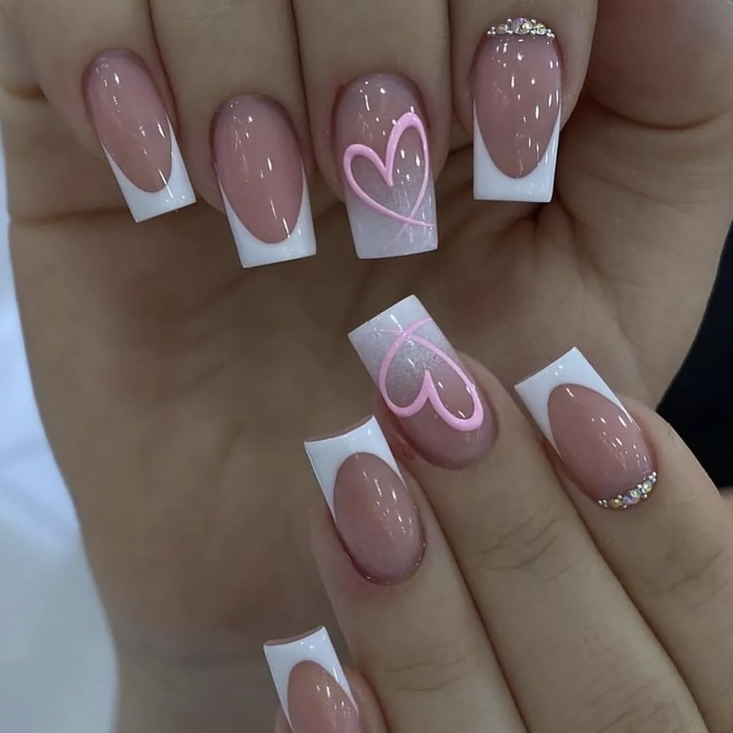 Valentine's Press on Nails - 24Pcs White French Tip Heart Design Medium Square False Nails with Rhinestones | Full Cover Glossy Acrylic Coffin Nails for Women | Perfect for Date Night, Wedding, Anniversary & Romantic Occasions