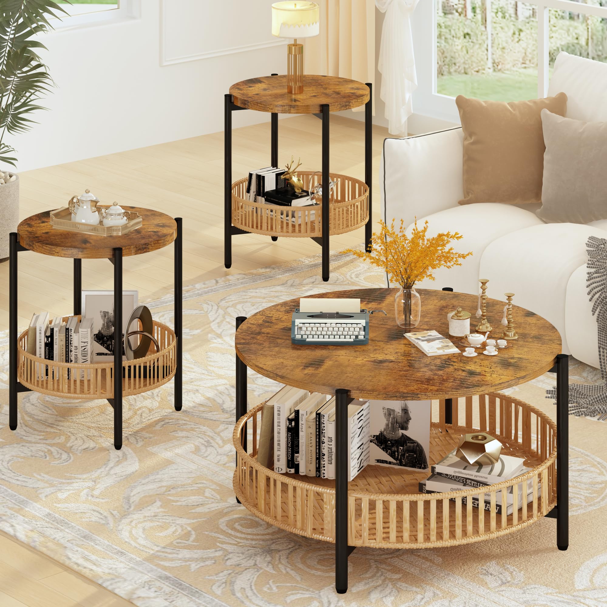 Lamerge 3-Piece Boho Coffee Table Set with Rattan Storage Shelf & Metal Frame - Round Coffee Table & 2 Side Tables for Living Room, Apartment, Home Office - Perfect for Small Spaces, Cozy Gatherings & Modern Decor