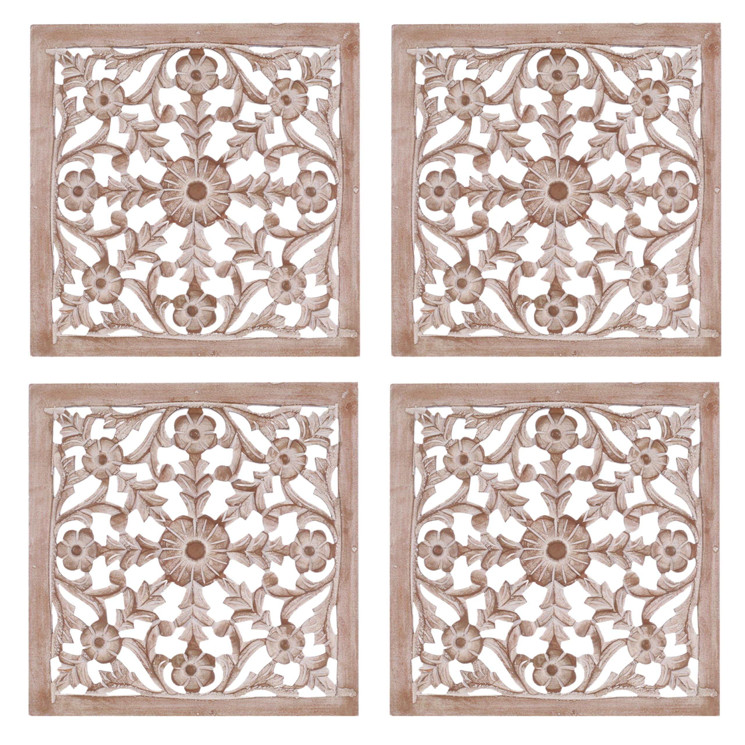 Set of 4 Carved Wood Wall Art Panels - 16x16 Inch Distressed White Wooden Medallion Decor | Handcrafted Home Wall Sculpture for Living Room, Bedroom & Entryway Décor