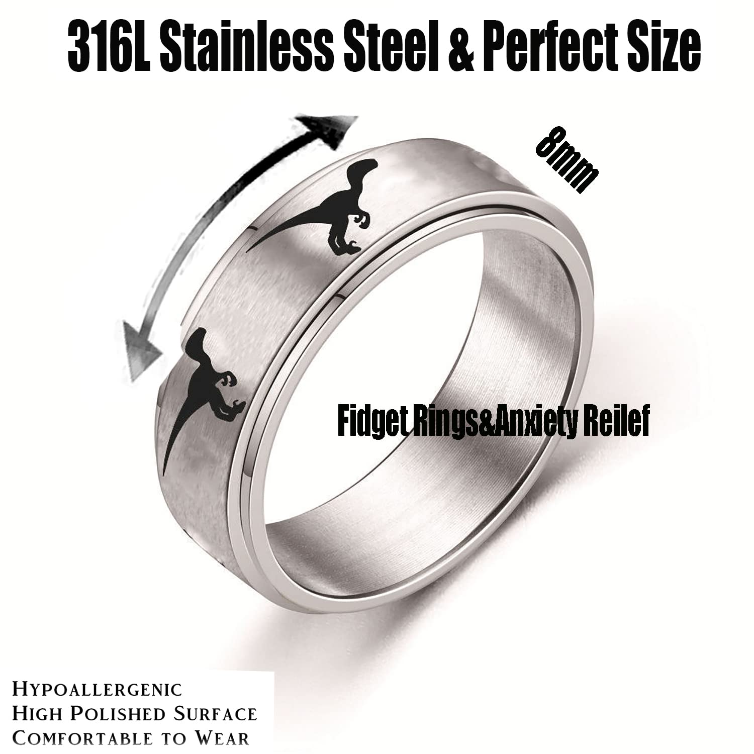Dinosaur Fidget Spinner Ring for Women & Men - Stainless Steel Anxiety Relief Ring with Jurassic Dinosaur Design - Perfect for Stress Relief, ADHD, Autism & Office Focus