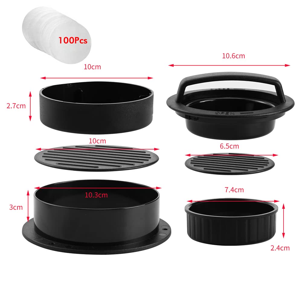 3-in-1 Non-Stick Hamburger Press Patty Maker with 100 Wax Papers - Create Perfectly Shaped Burgers for BBQ, Picnics & Family Gatherings