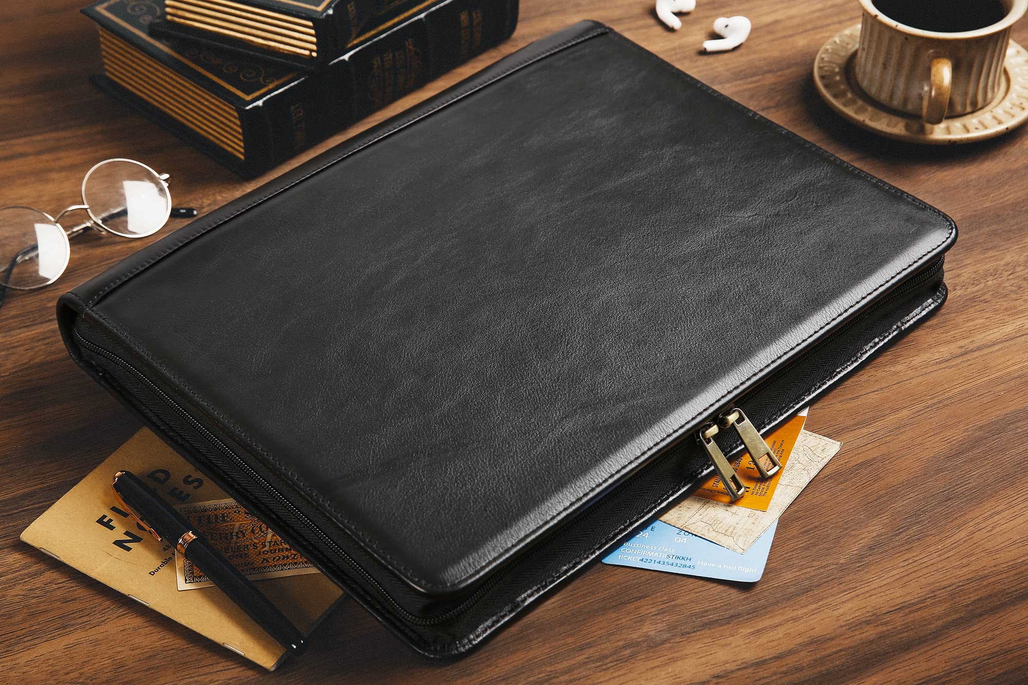 Premium Handmade Leather Portfolio Padfolio - 3 Ring Binder Organizer for Women & Men | Custom Personalized Notebook for iPad & Laptop | Business Meetings, Office Work & Professional Presentations (Black)
