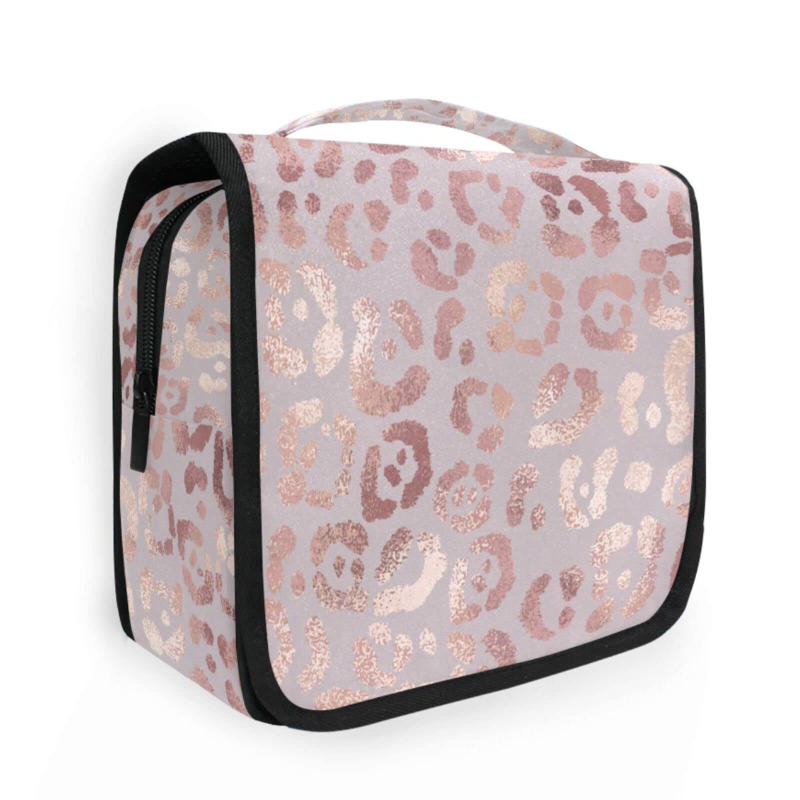 Rose Gold Leopard Print Hanging Toiletry Bag - Waterproof Travel Makeup Organizer for Women & Men | Portable Cosmetic Case for Bathroom, Gym, Camping & Vacation Essentials