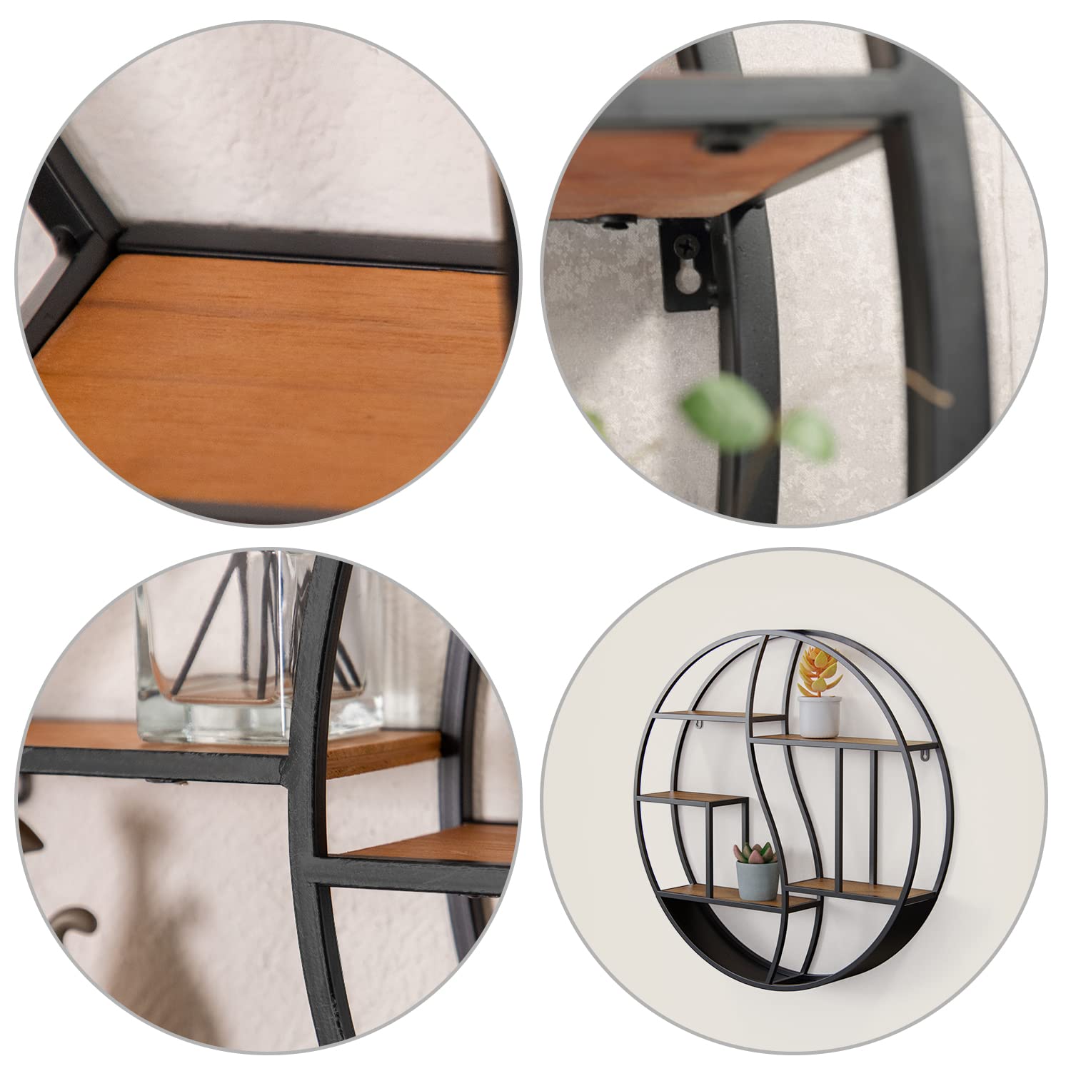 **24 Inch Black Round Wall Shelf - Metal & Wood Circular Floating Shelves for Wall Decor, Fireplace, Living Room & Bathroom - Stylish Display Organizer for Home & Office**