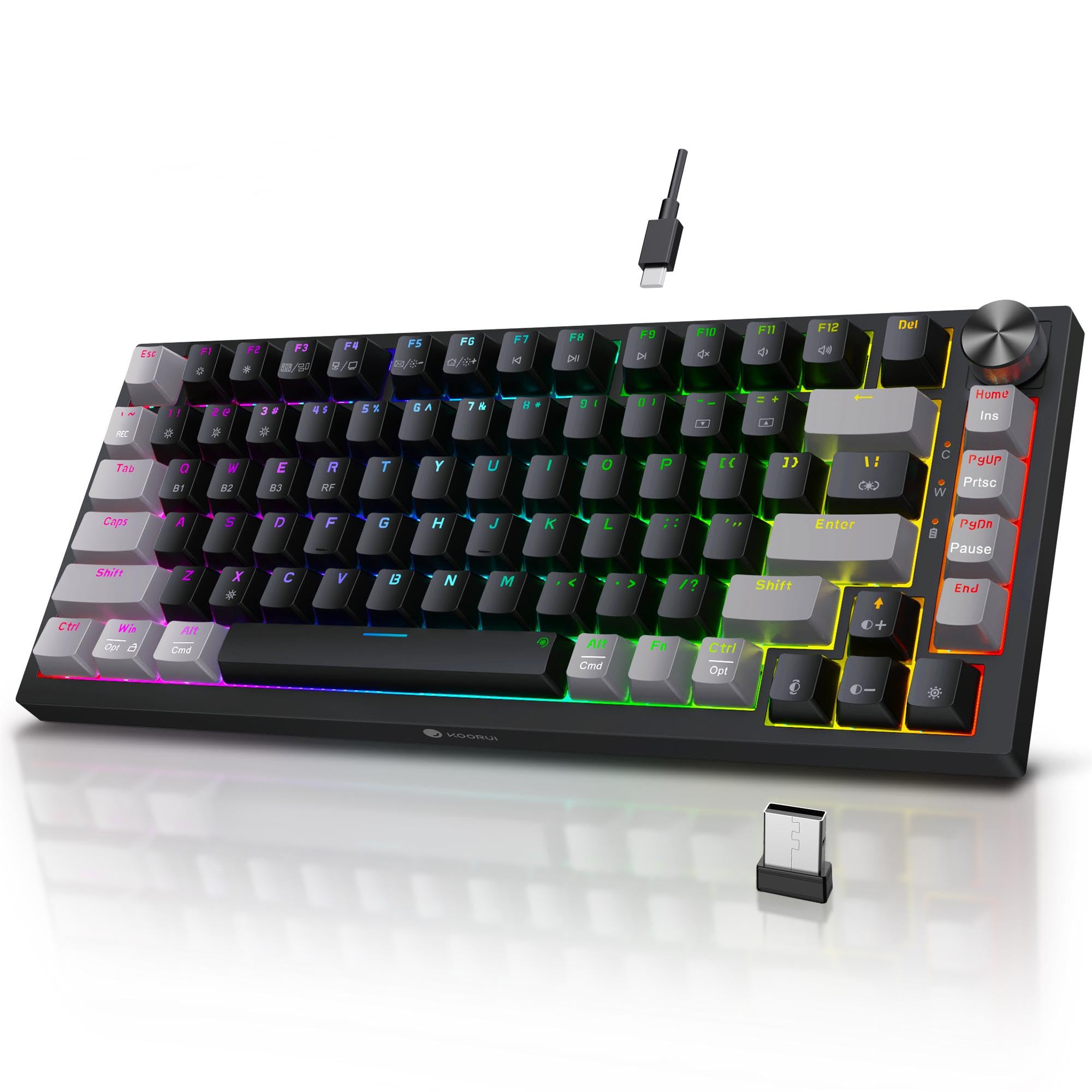 KOORUI 75% Wireless RGB Gaming Keyboard - BT/2.4G/USB-C, 82 Keys for PC Gaming
