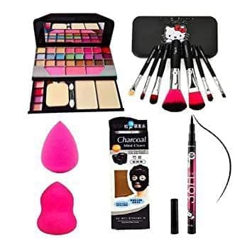 ASSURE TYA 6155 Professional Makeup Kit with 36H Waterproof Eyeliner, 7-Piece Black Makeup Brushes, Charcoal Peel-Off Mask & 2 Pink Beauty Blenders - 12-Piece Set for Daily Makeup & Special Occasions