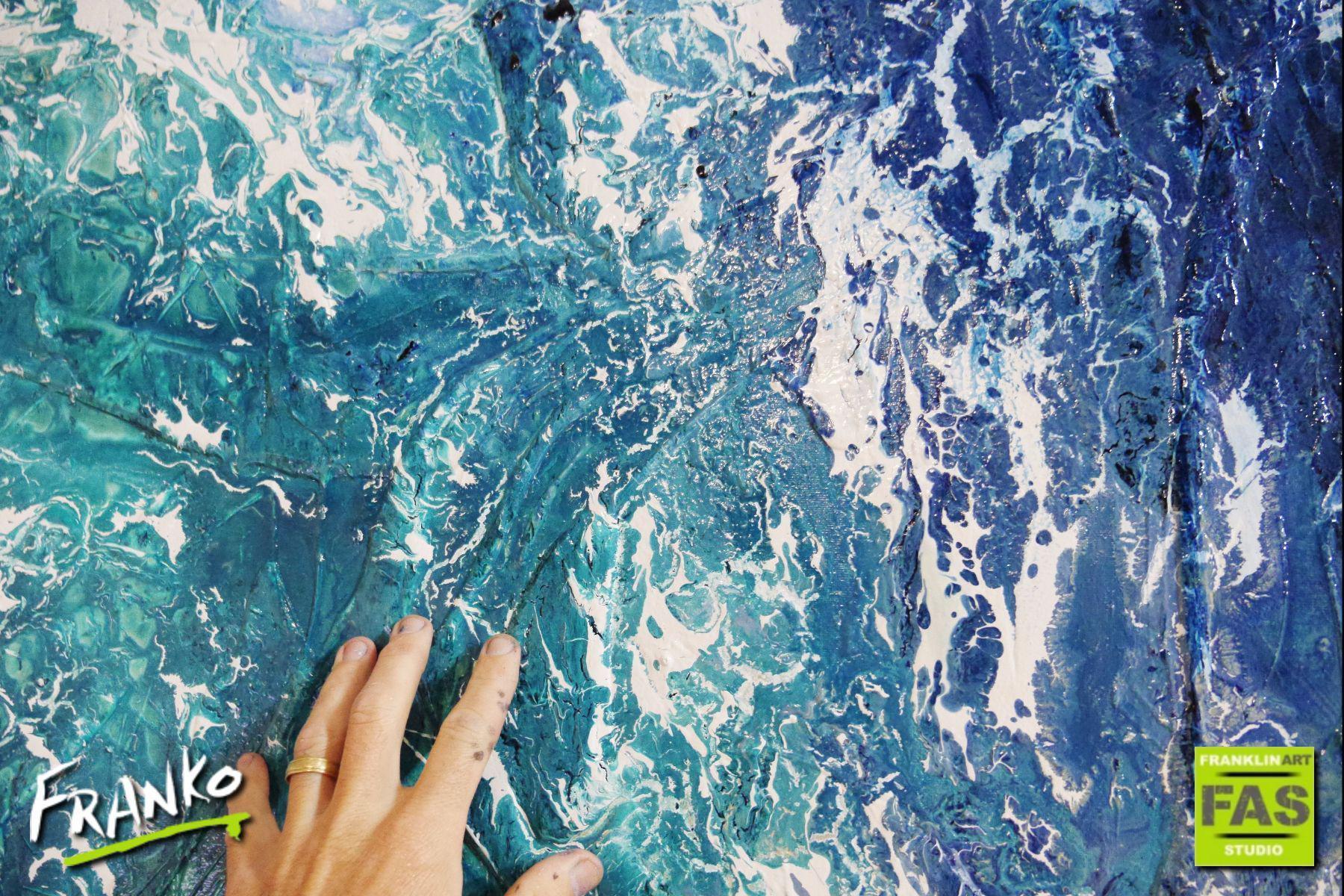 140cm x 180cm Blue White Cream Abstract Ocean Painting - Modern Wall Art for Living Room, Bedroom & Office Decor