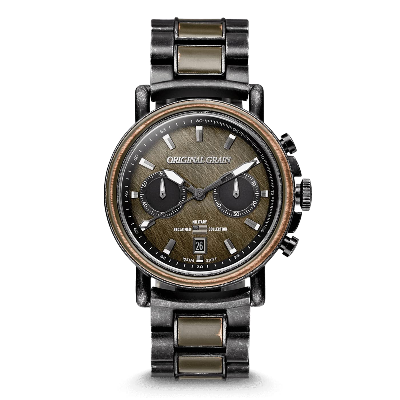 Original Grain Men's Military Ammo 44mm Analog Watch - Alterra Chrono Collection, Stonewashed Steel, Adjustable Band | 10ATM Waterproof & Scratch-Resistant | Durable Men's Bracelet Watch for Outdoor, Work & Casual Wear