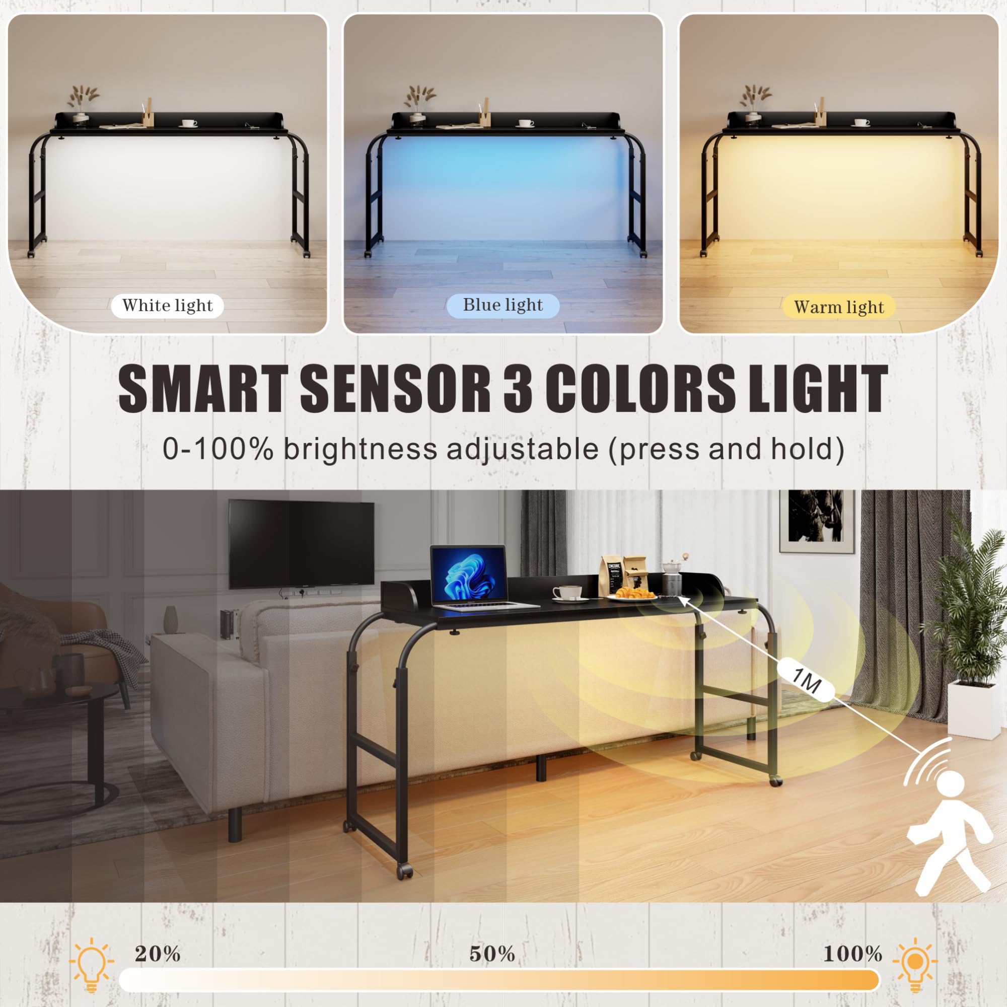 Auto-Sensor LED Over Bed Desk with Wheels - Adjustable Height Rolling Tray Table with Charging Station - Side Table for Laptop, Writing & Living Room Use - Perfect for Home Office, Bedroom & Small Spaces (Black)