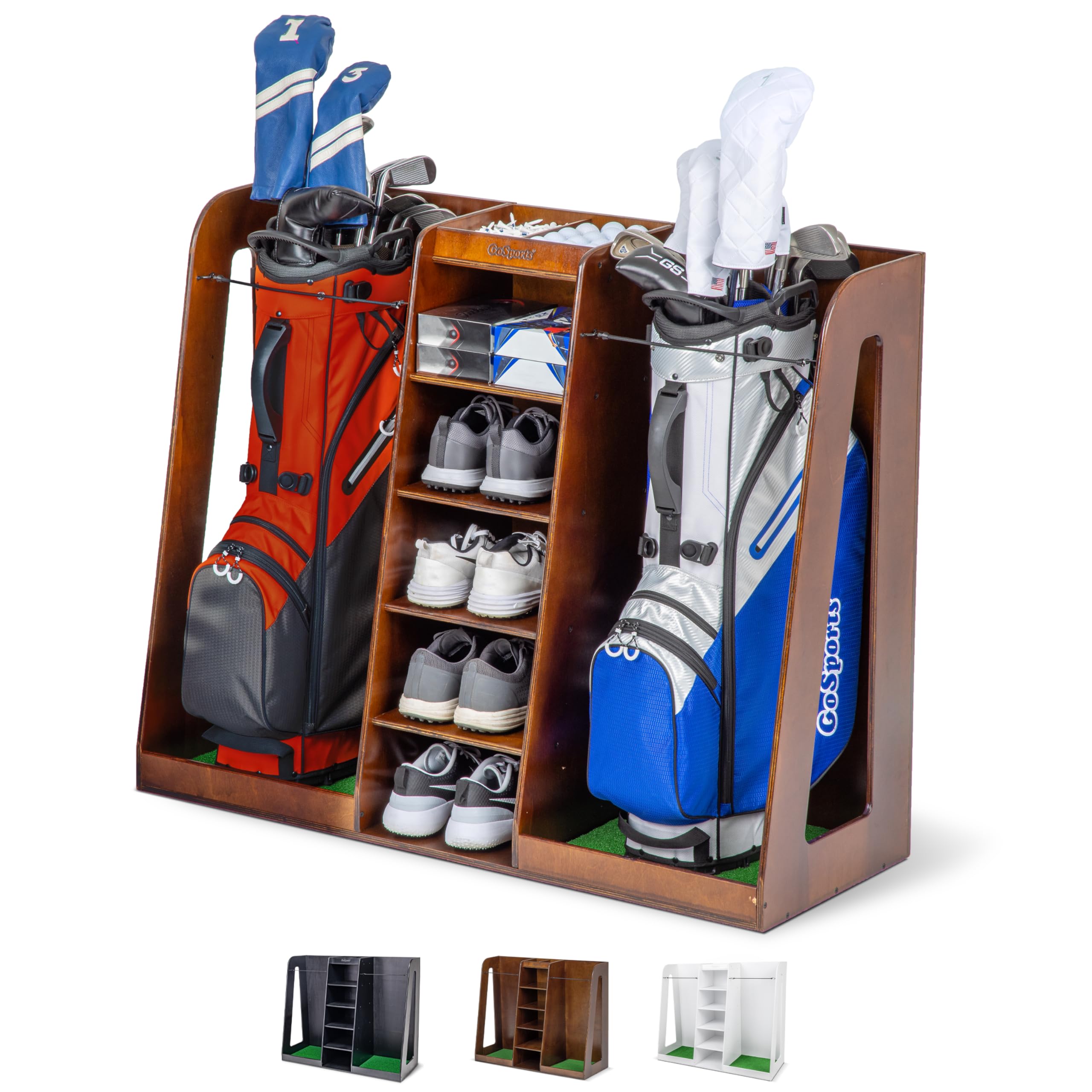 GoSports Premium Wooden Golf Bag Organizer & Storage Rack - Holds 2 Golf Bags - Black/White/Brown Finish - Perfect for Garage, Basement & Clubhouse Organization