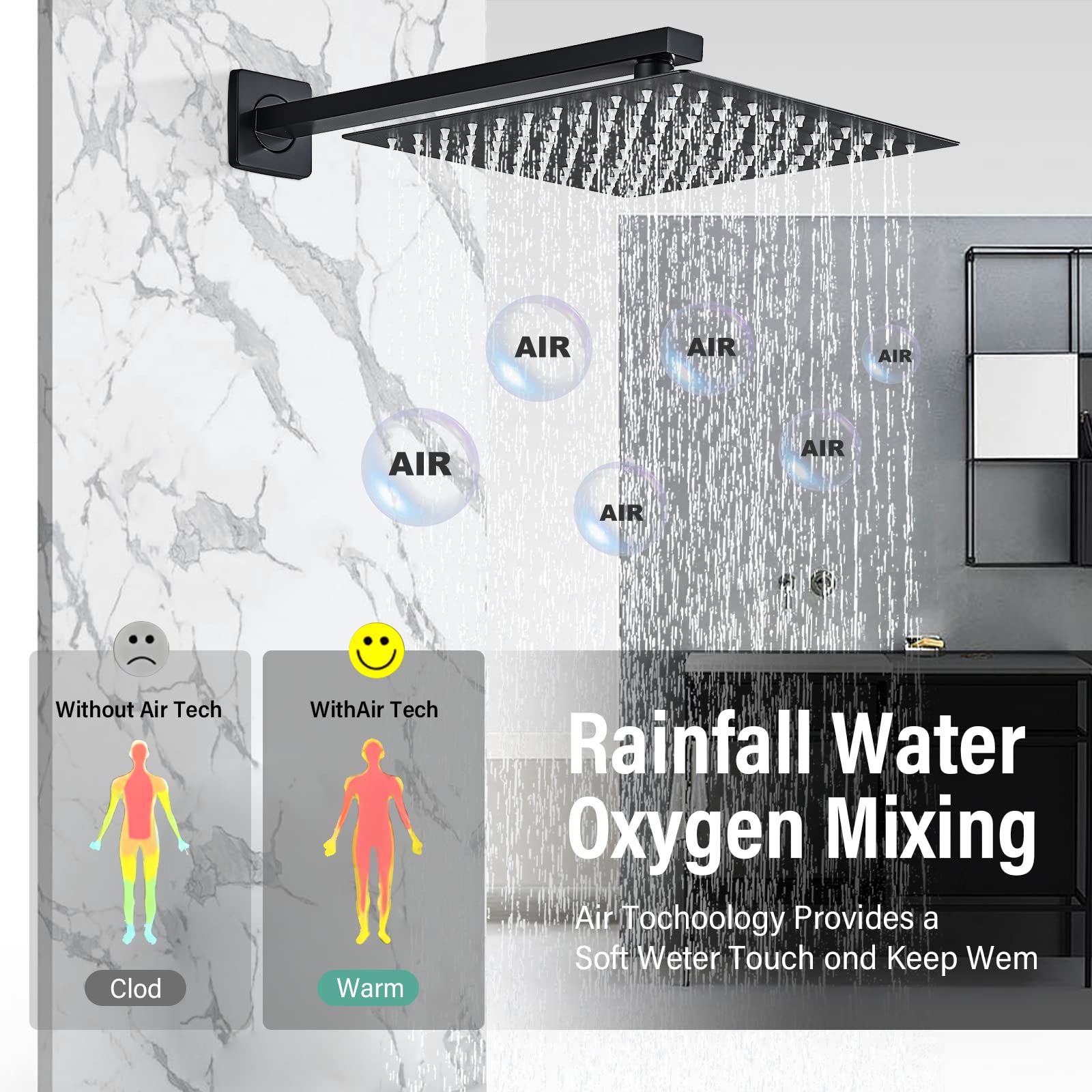 Suguword Black Matte 8 Inch LED Rainfall Shower System - 2 Function Wall Mount Shower Faucet with Hand Sprayer & Diverter Valve Kit | Perfect for Modern Bathroom Renovation & Spa-Like Shower Experience