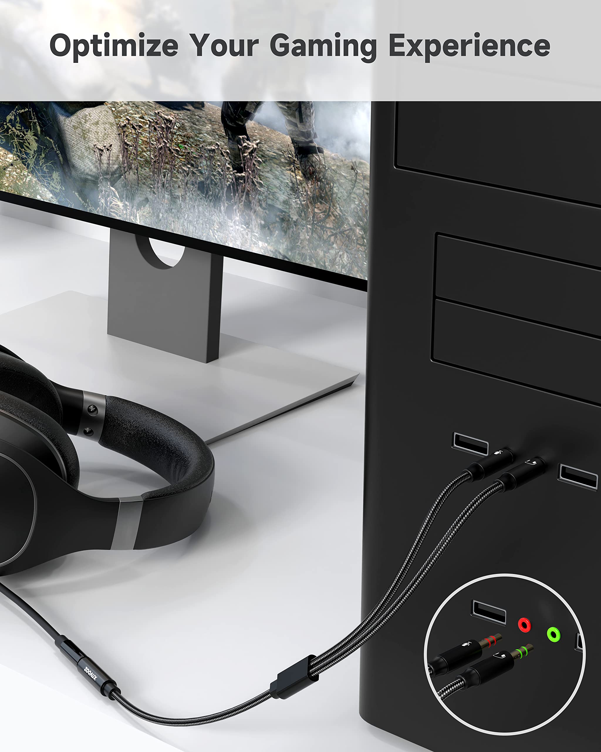 ZOOAUX 3.5mm Headphone Mic Stereo Y Splitter - Female to Dual Male Audio Jack Adapter for Gaming Headset, PC, Laptop & Speaker | Perfect for Online Meetings, Gaming & Music Streaming