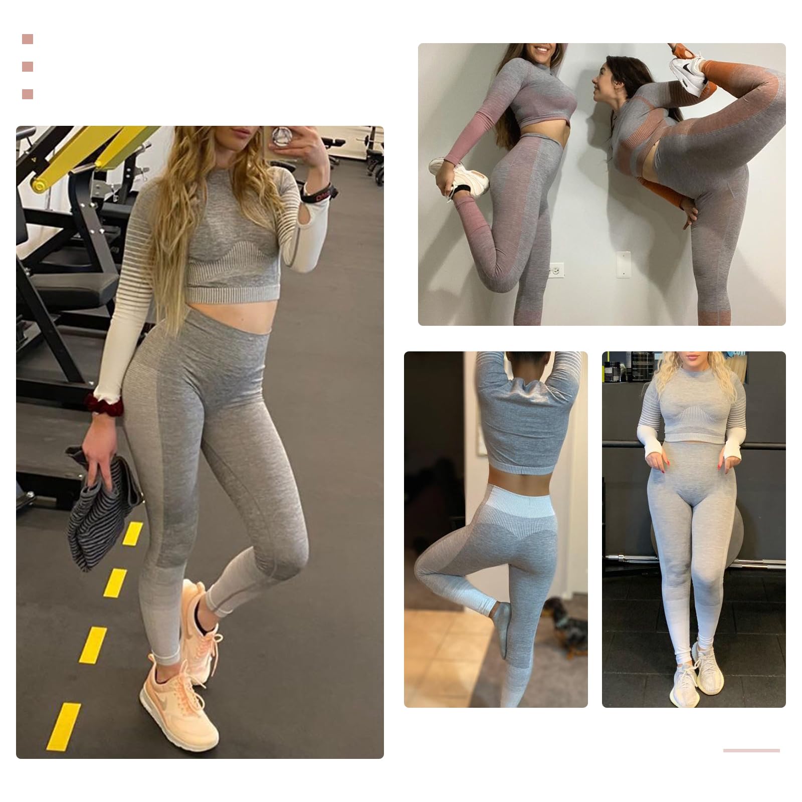 FeelinGirl Women's 2-Piece Workout Set - Long Sleeve seamless ribbed crop top & high waist leggings - Yoga, Gym, Running & Lounge Wear