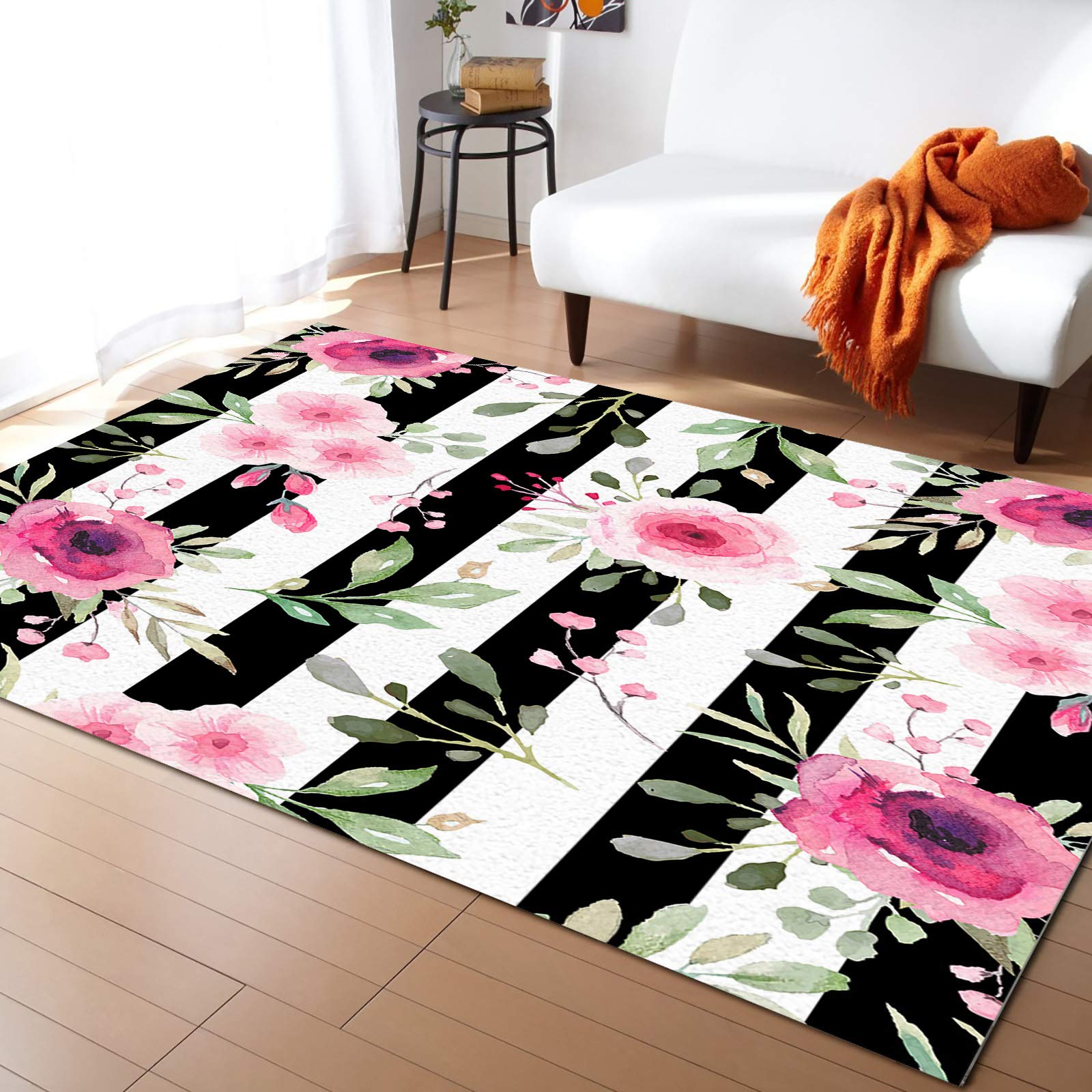 3'x5' Spring Pink Red Flower Watercolor Area Runner Rug - Washable Indoor Outdoor Carpet for Kitchen, Living Room, Bathroom, Bedroom, Classroom & Laundry Room - Black White Stripe Doormat & Desk Mat - Perfect for Home Decor, Entryway Protection & Office Floor Covering